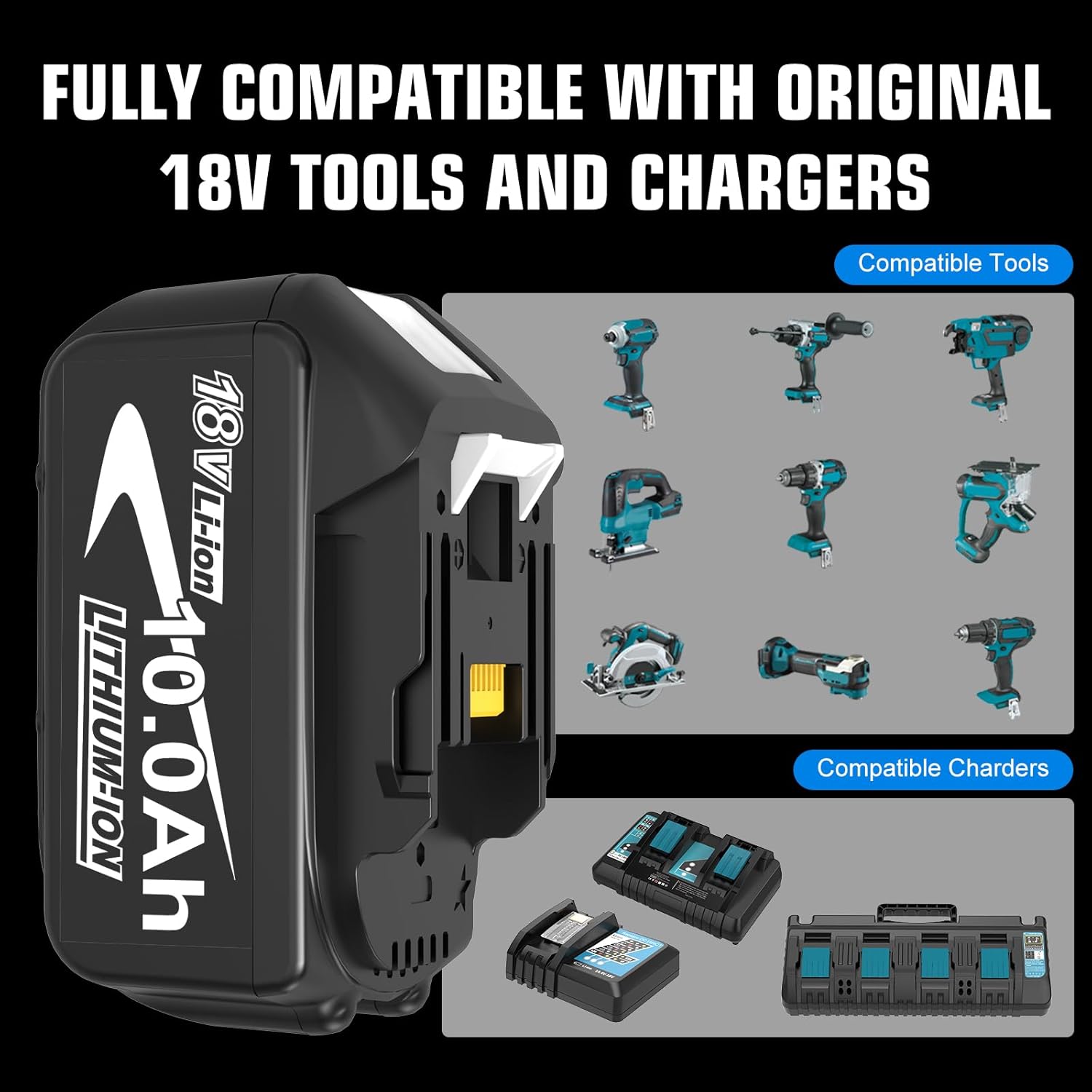 Detalle de 2er Pack 10.0Ah Ersatzakku für Makita 18V LXT (BL1850B/BL1860B) – kompatibel mit DC18RD/DC18RC Ladegeräten