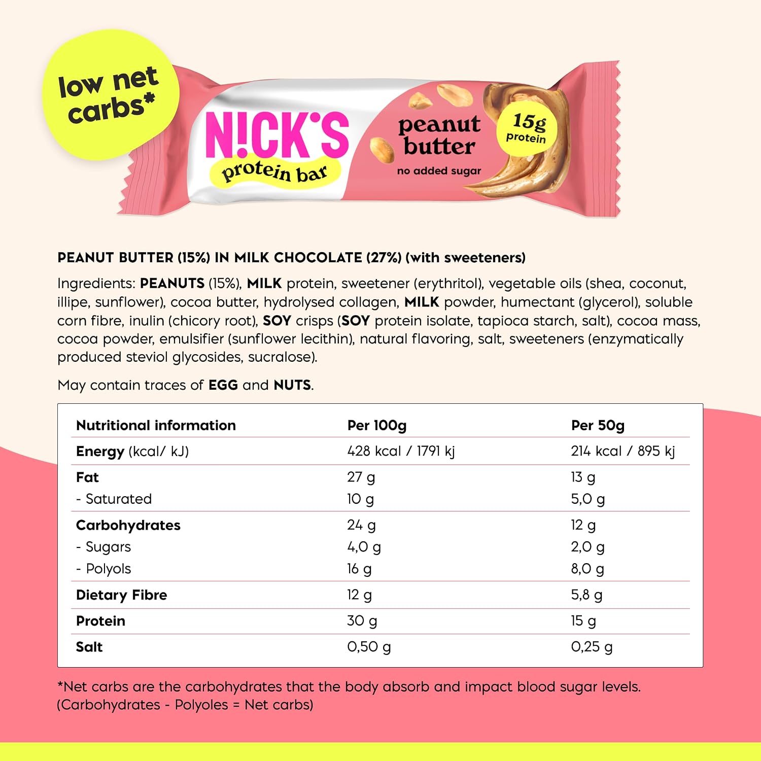 Detalle 2 de N!CK'S Low Carb Protein Bar Peanut Butter, Chocolate, 15 g Protein, 214 Calories