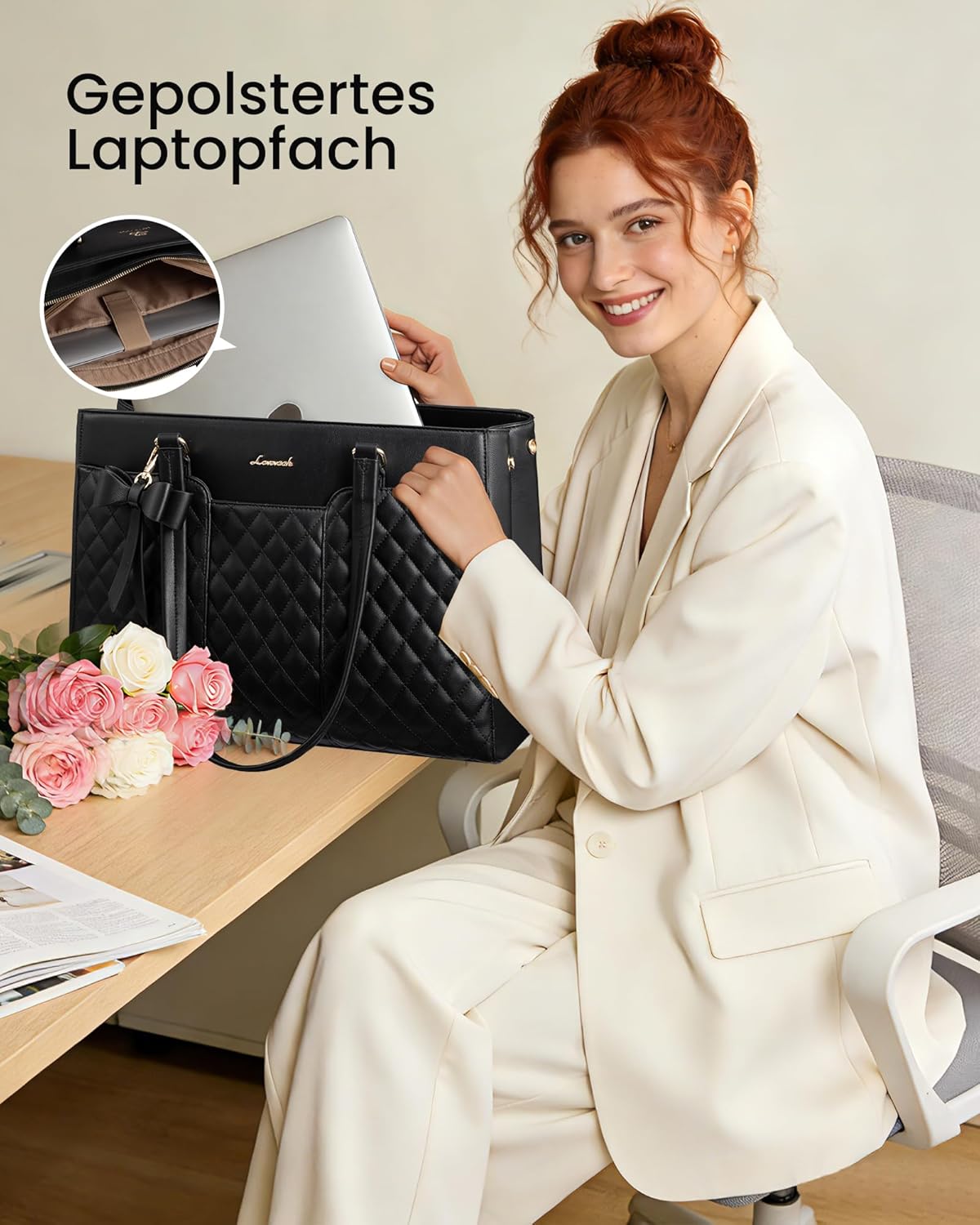 Thumbnail 2 de LOVEVOOK Damen Handtasche groß mit Laptopfach bis 17,3 Zoll – Steppmuster Arbeitstasche & Shopper