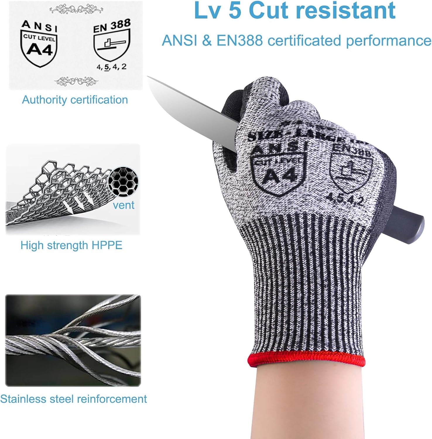 Detalle 2 de Donfri Cut Resistant Gloves Level 5 (PU palm) – comfortable ANSI A4 / EN388 work gloves for precision tasks