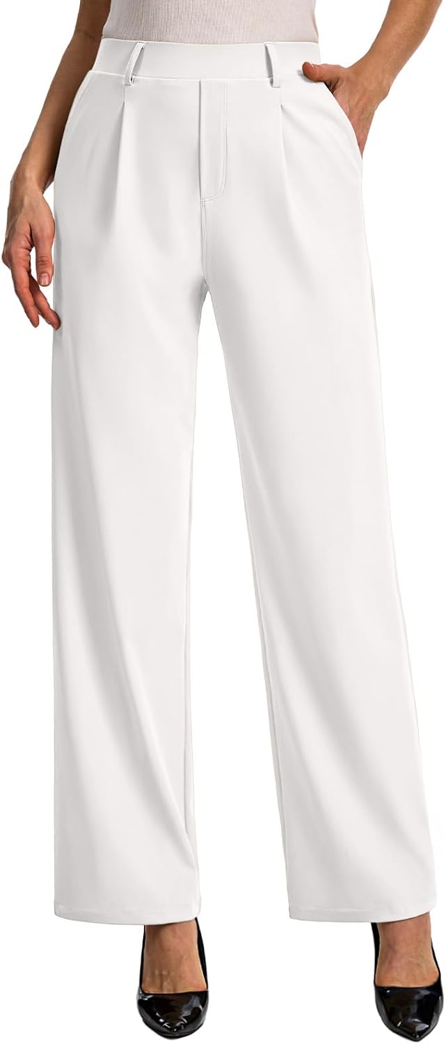 Detalle de Feiersi Wide-Leg Work Pants, High-Waisted Pull-On Stretch Trousers with Pockets