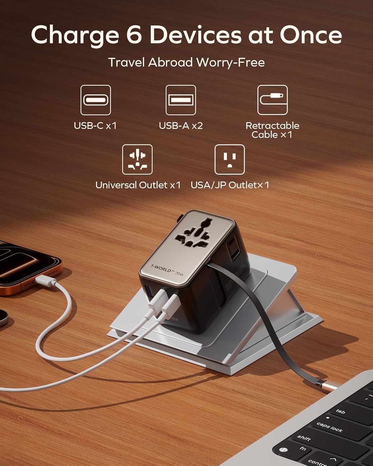 Thumbnail 1 de Momax Universal Travel Adapter with Cable, 70W GaN – 200+ Countries, 4 Plugs + 2 USB-C & 2 USB-A