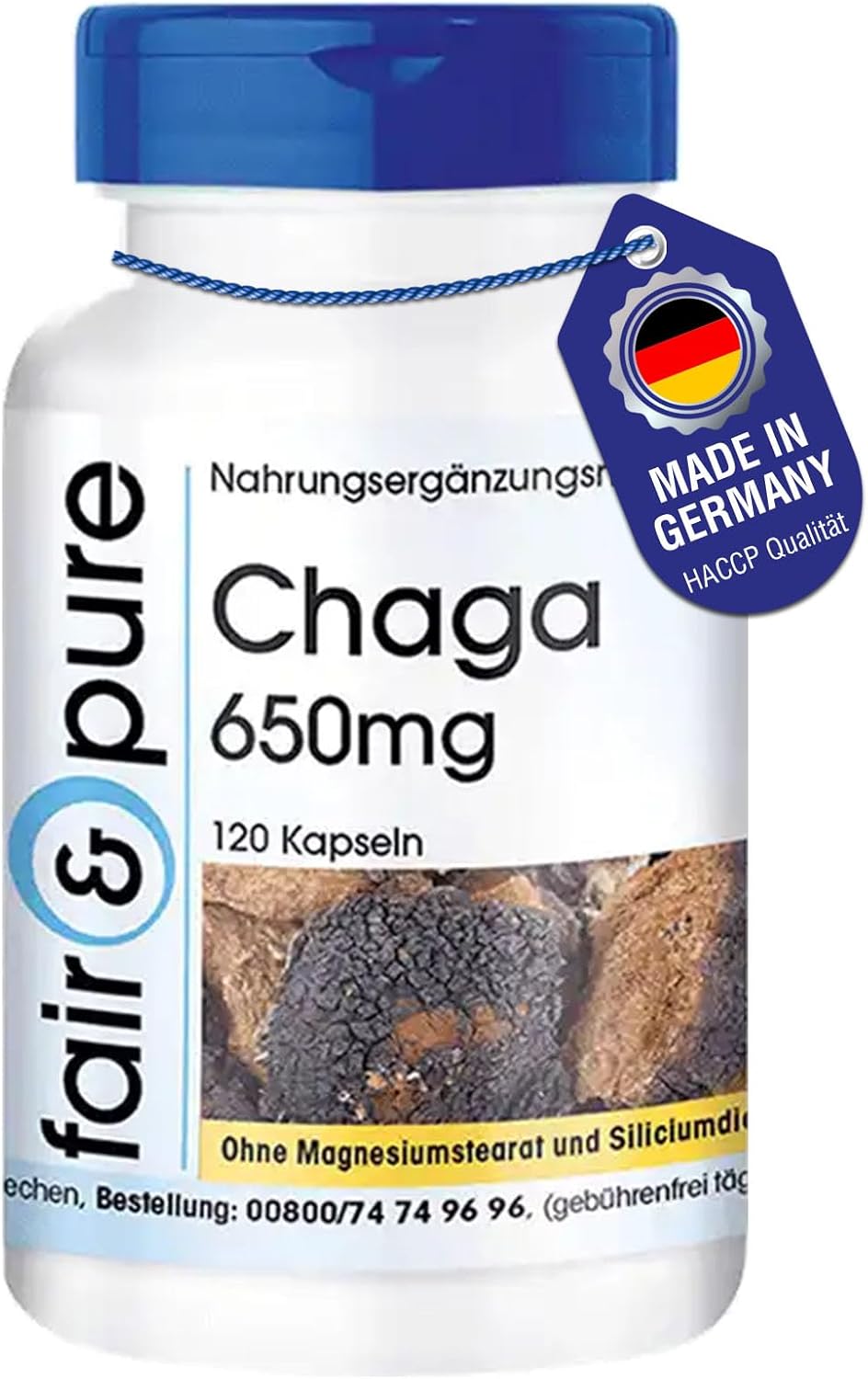 Detalle de Fair & Pure Chaga 650mg, 120 Kapseln – Hochdosiert, vegan, hergestellt in Deutschland