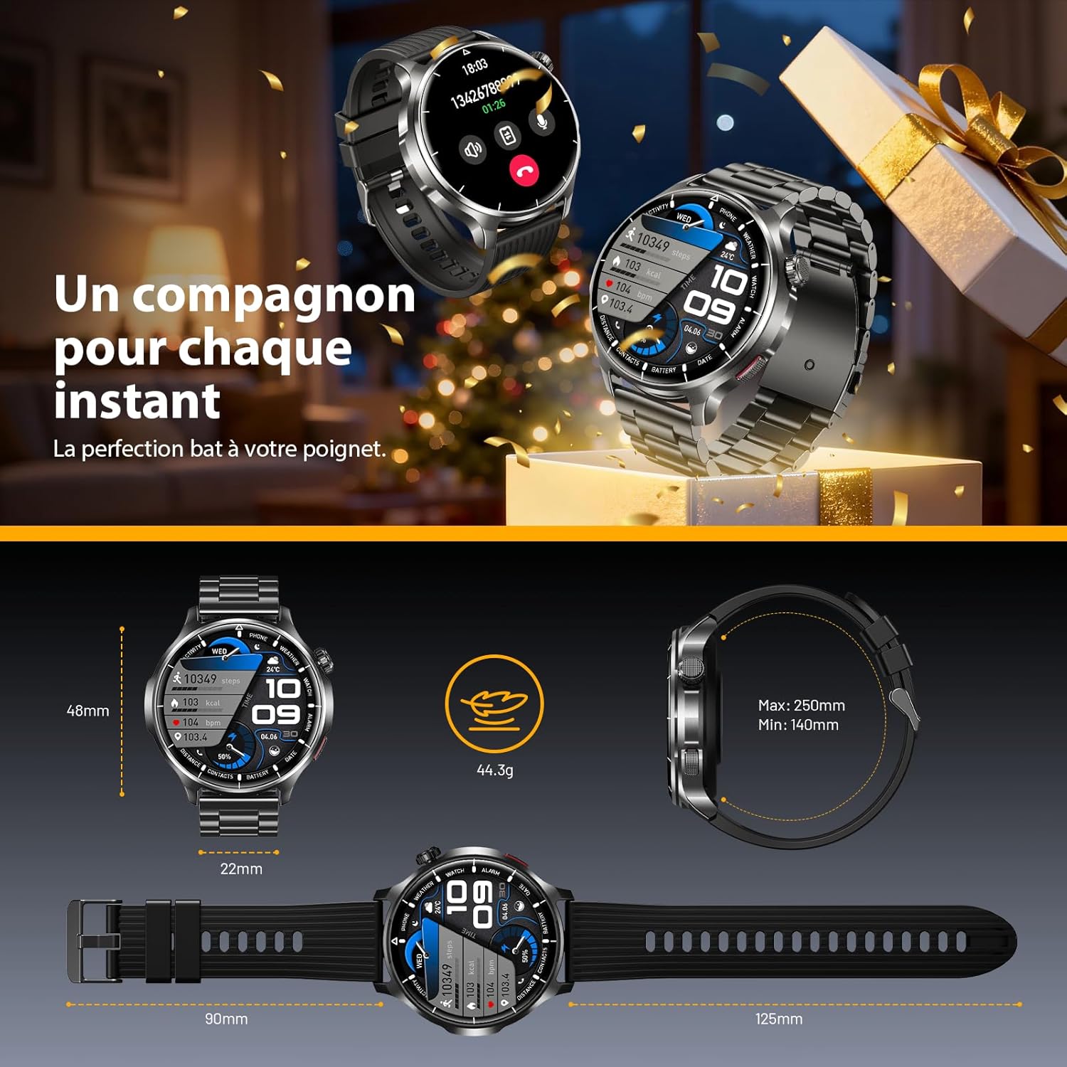 Thumbnail 6 de Montre connectée homme 1,52" HD avec appels Bluetooth et batterie 1000 mAh (IP68, acier noir)