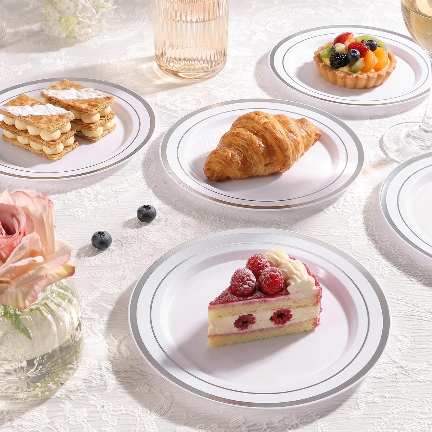 Thumbnail 5 de BESTVIP 100PCS 7 Inch Silver Rim Plastic Dessert Plates