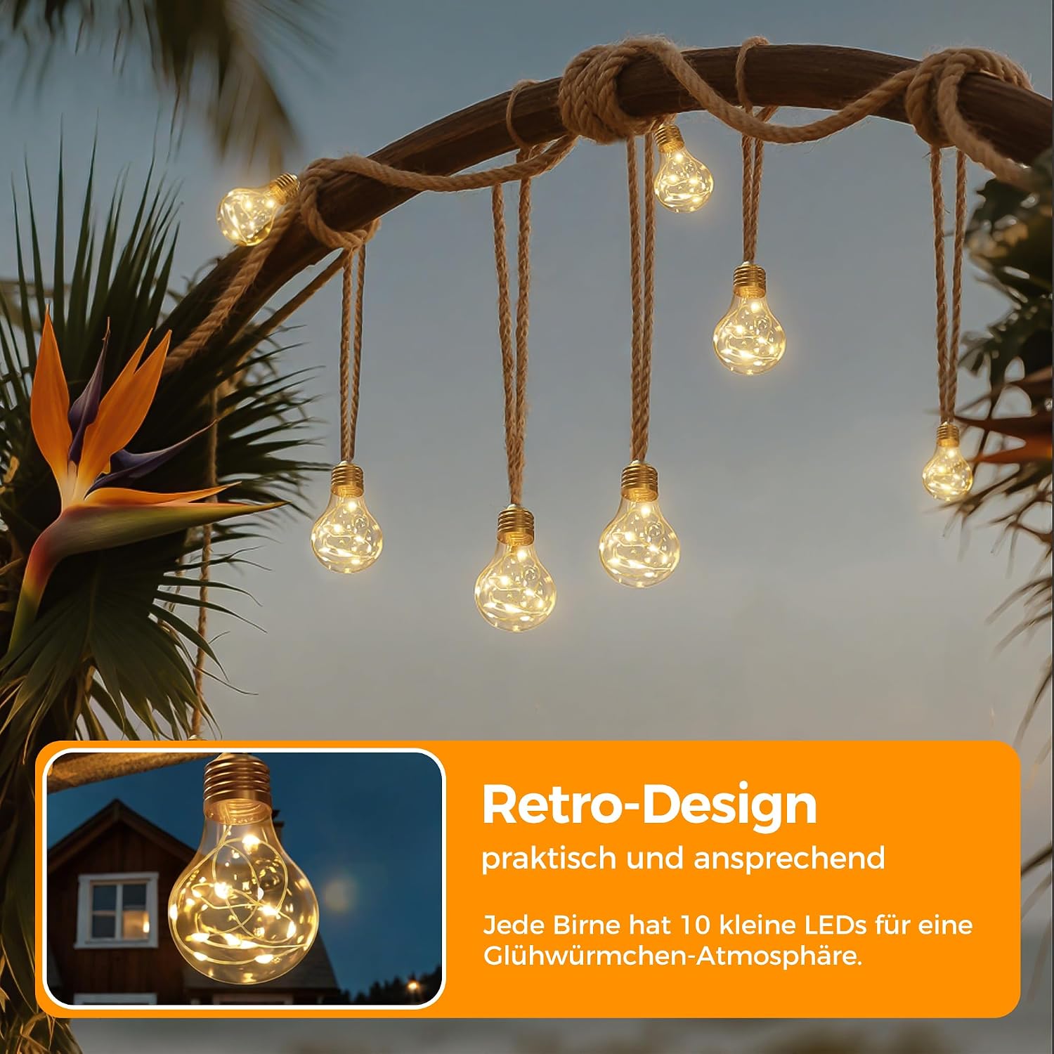 Detalle de HeiPard Solar Lichterkette Außen 8,5 m | 16 A60 LED Glühbirnen, Vintage-Design, USB/Solar, IP45