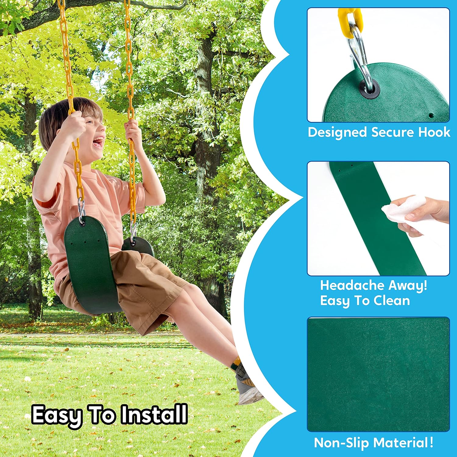 Detalle 2 de TURFEE 3-Pack Heavy-Duty Green Swing Seats with 66" Chains (Snap Hooks), 300 lb capacity