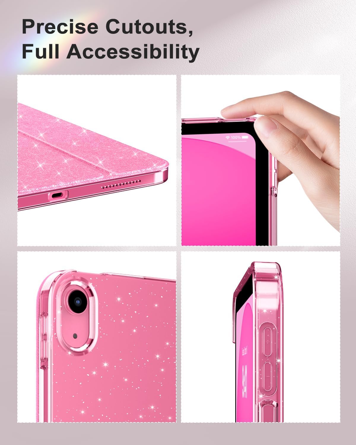 Detalle de MoKo Sparkly Case for iPad 11 (A16) 11th Gen (2025) / iPad 10.9 (2022) 10th Gen with Touch ID & auto sleep/wake, Glitter Pink