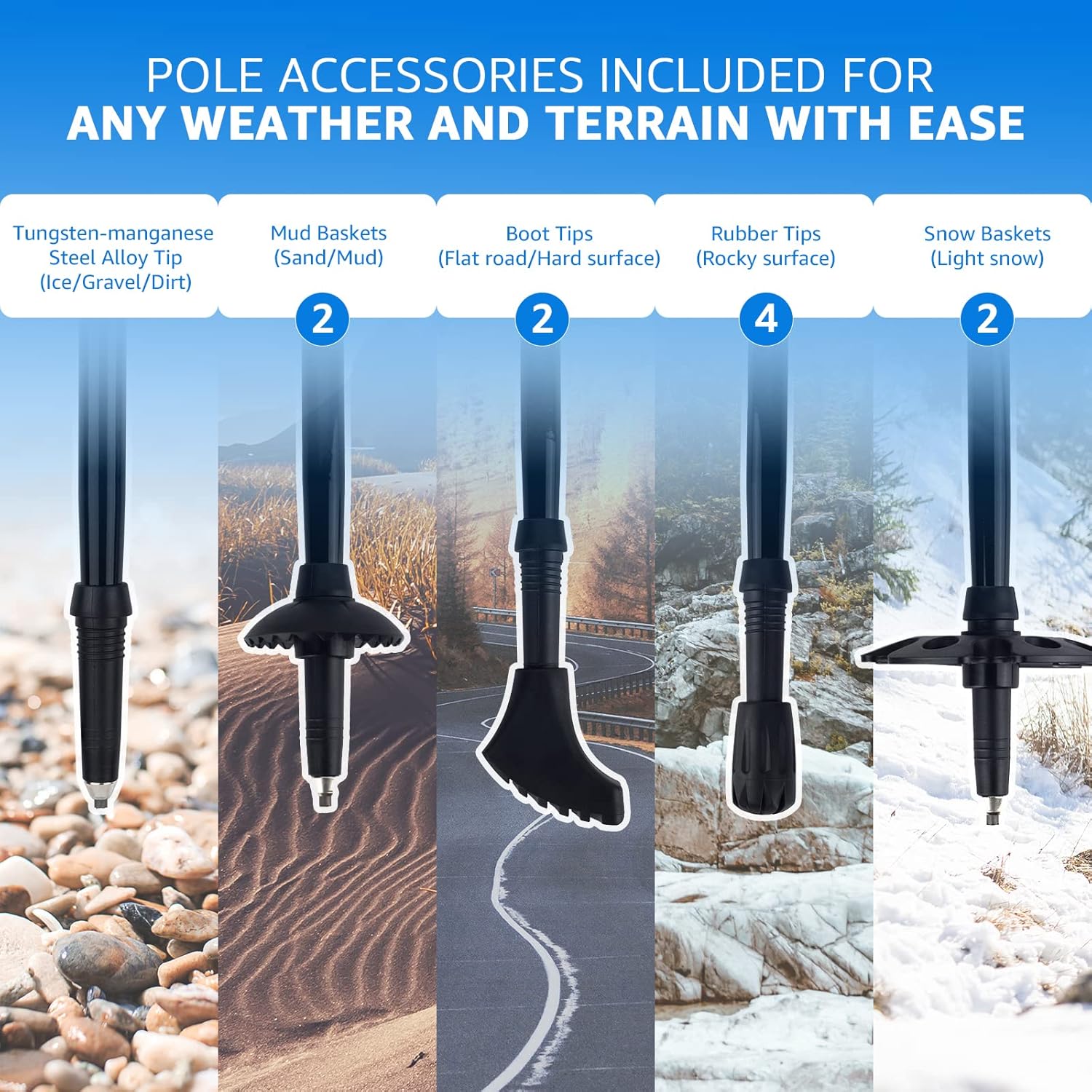 Detalle de Overmont Bastoni da trekking pieghevoli in alluminio 105-125 cm – 1 paio con accessori per tutto il terrain
