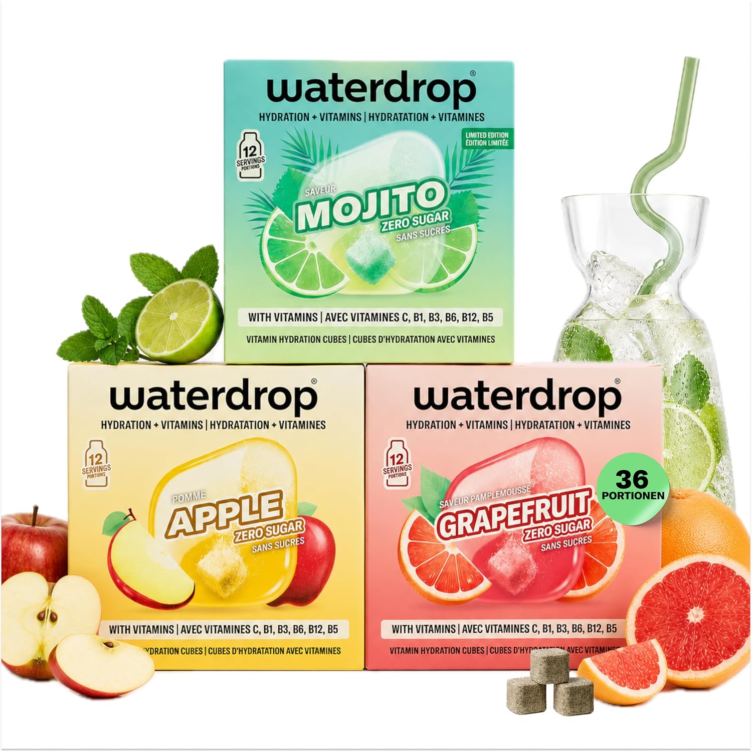 Detalle de waterdrop Mocktail Set – 36 Würfel Drops (Mojito, Apfel, Grapefruit) mit Vitaminen, zuckerfrei