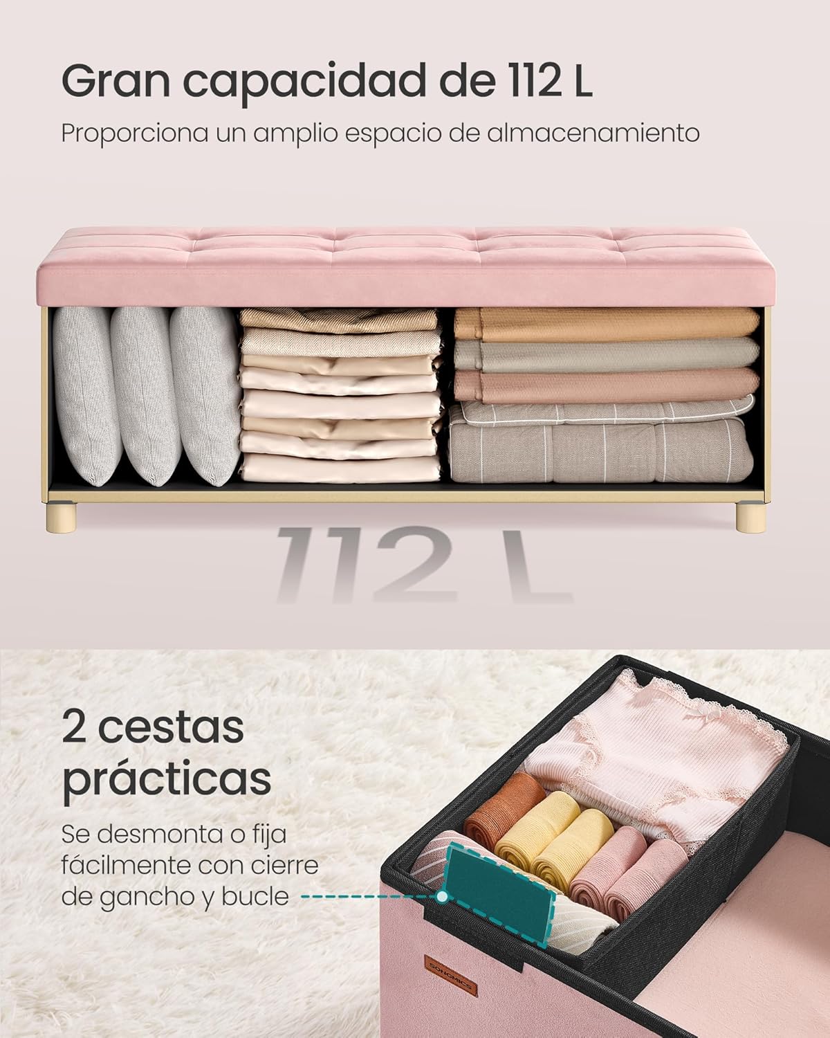 Thumbnail 5 de SONGMICS Puff Almacenaje 112 L terciopelo rosa