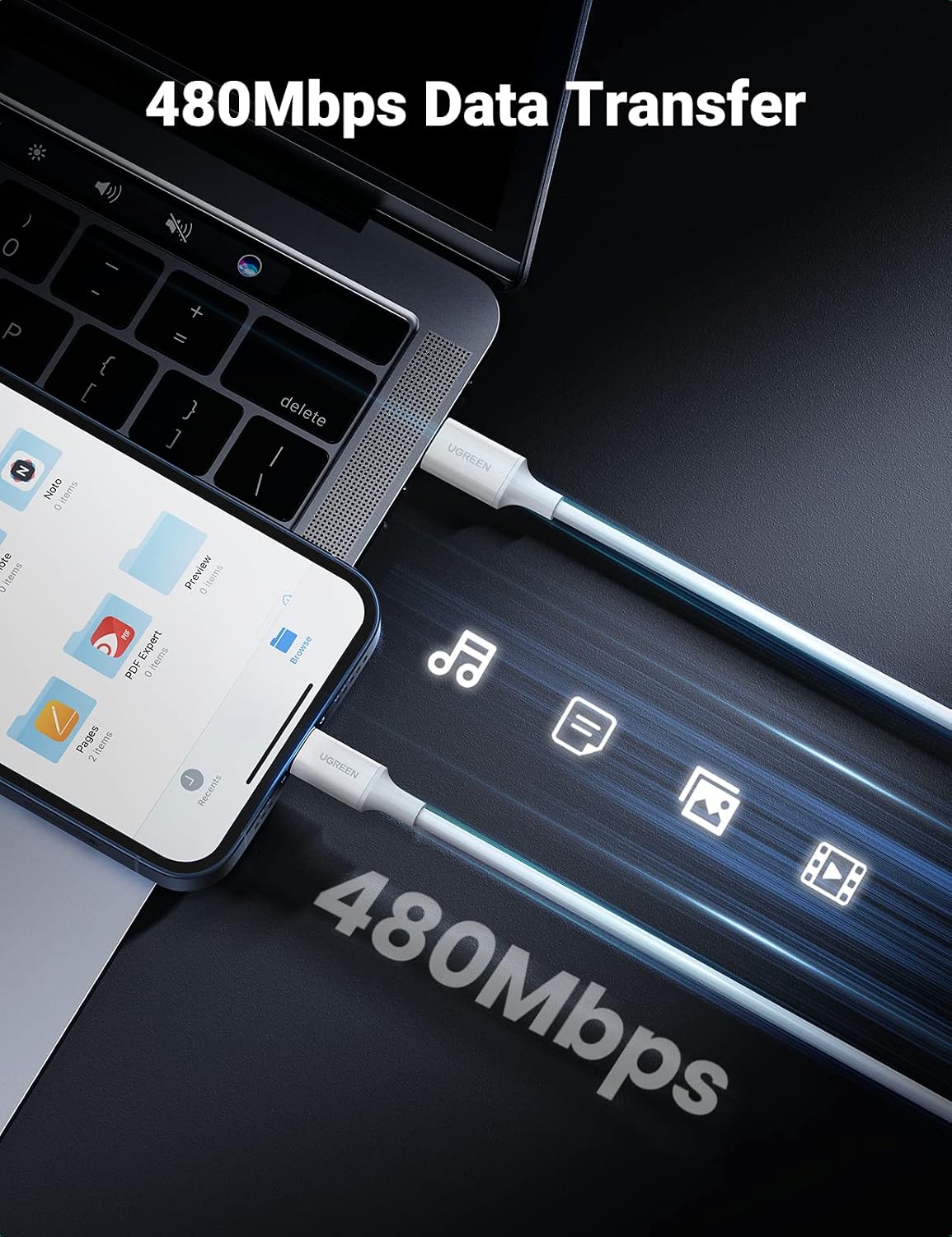 Detalle 2 de UGREEN USB-C to Lightning Cable, 1m, MFi Certified with 480Mbps Data Transfer