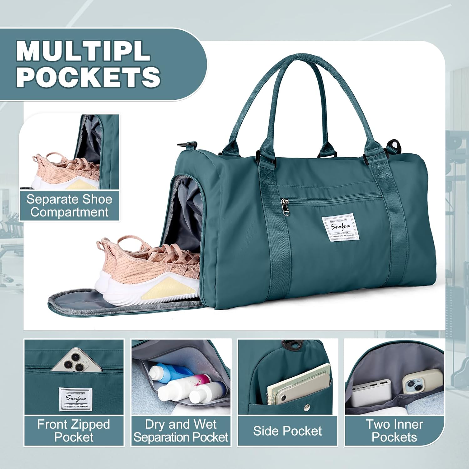 Thumbnail 3 de WEPLAN Sport-Duffelbag mit Schuhfach & Nassfach (A7 Pfauenblau) – Sporttasche für Gym, Training & Reise