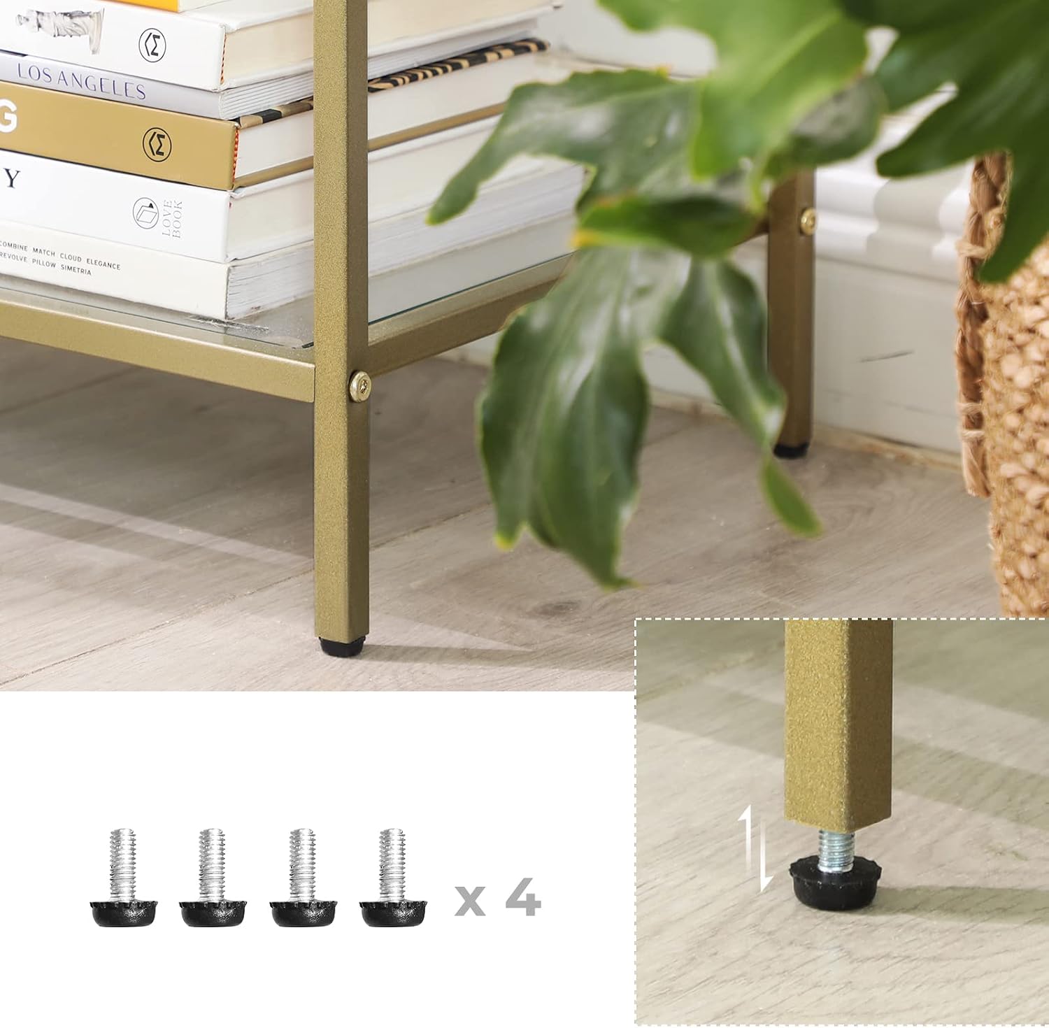 Detalle 1 de VASAGLE LGT27G Console Table, 3-Tier Tempered Glass, Gold Metal Frame