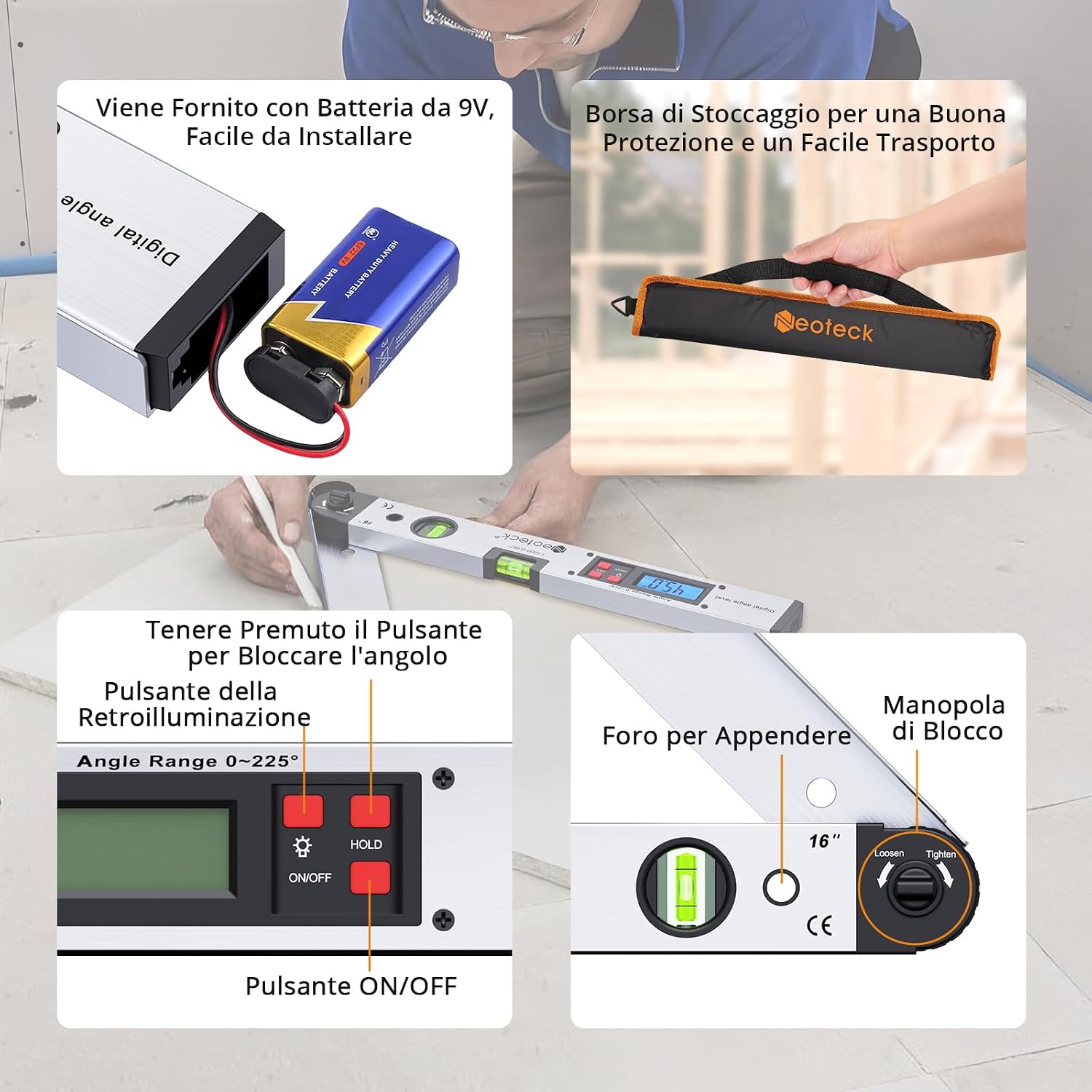Detalle de Neoteck Angle Finder Digitale 0–225°: righello angolare con LCD retroilluminato