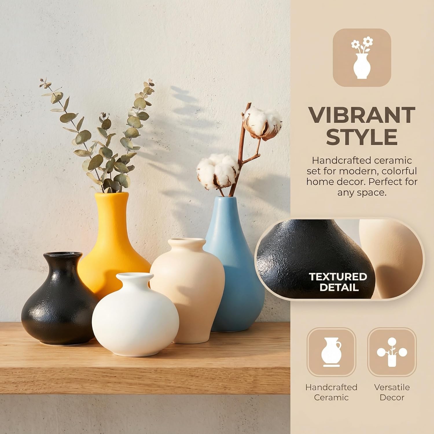 Thumbnail 2 de Keramik Vasen 5er-Set kleine Blumenvasen (Weiß) – Deko für Pampasgras & getrocknete Blumen