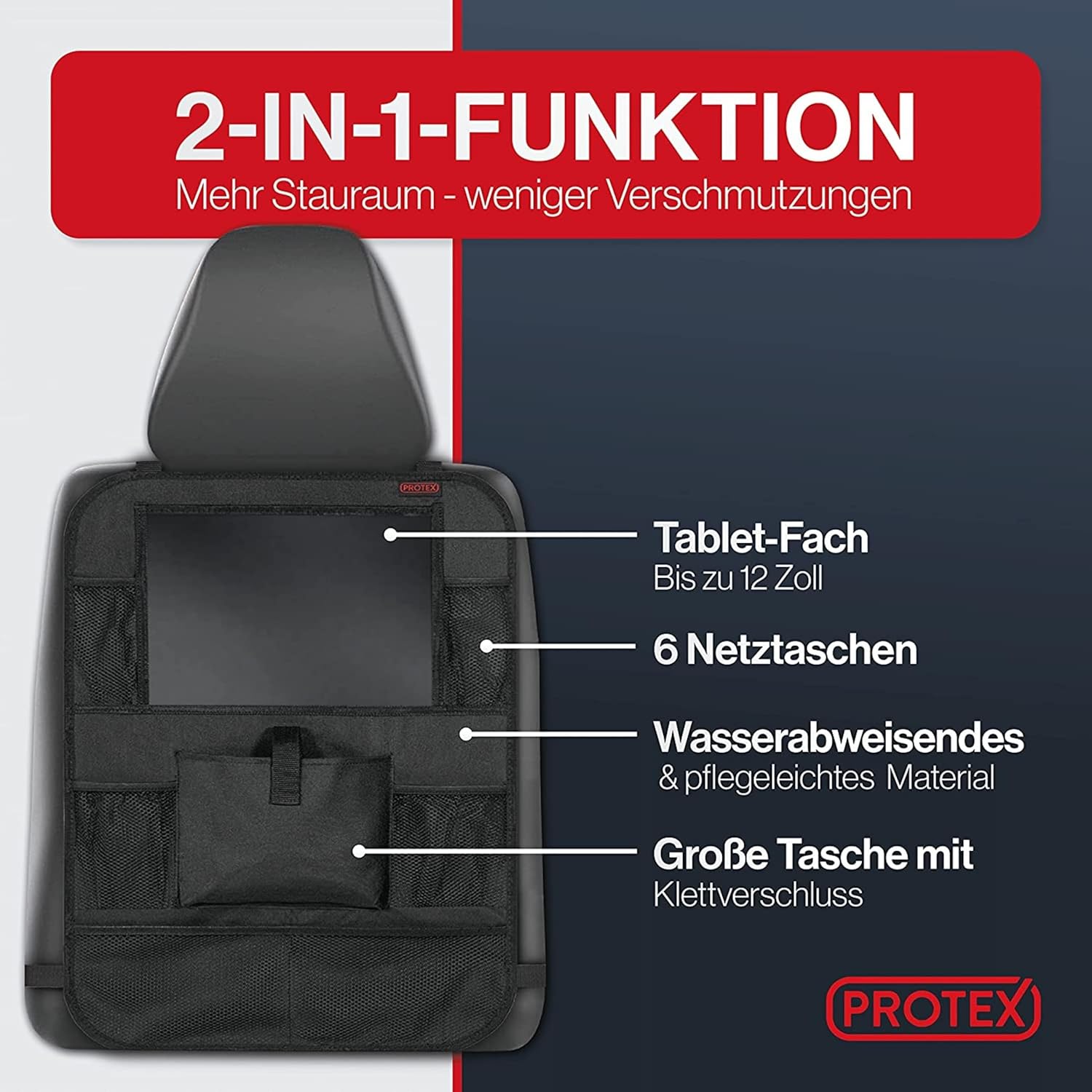 Detalle de PROTEX Rückenlehnenschutz Organizer – 2-in-1 Auto-Organizer mit Tabletfach, 45 × 65 cm, schwarz