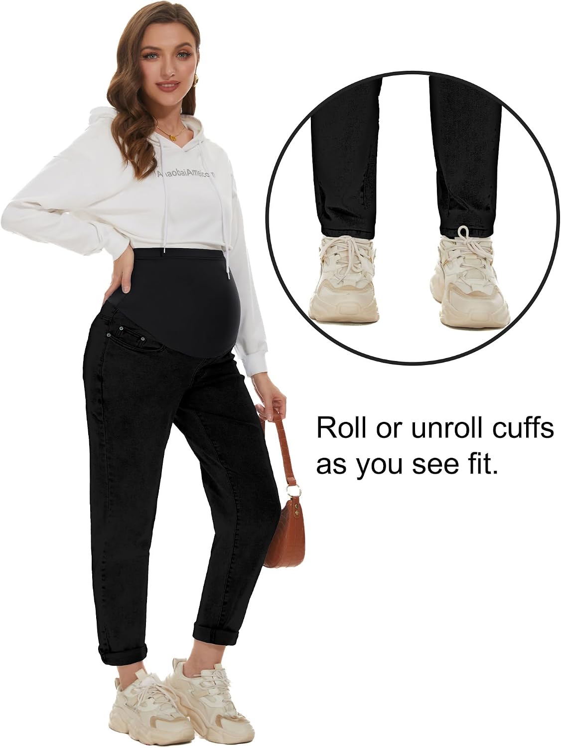 Detalle de POSHGLAM Women's Maternity Boyfriend Jeans with Over-the-Belly Panel