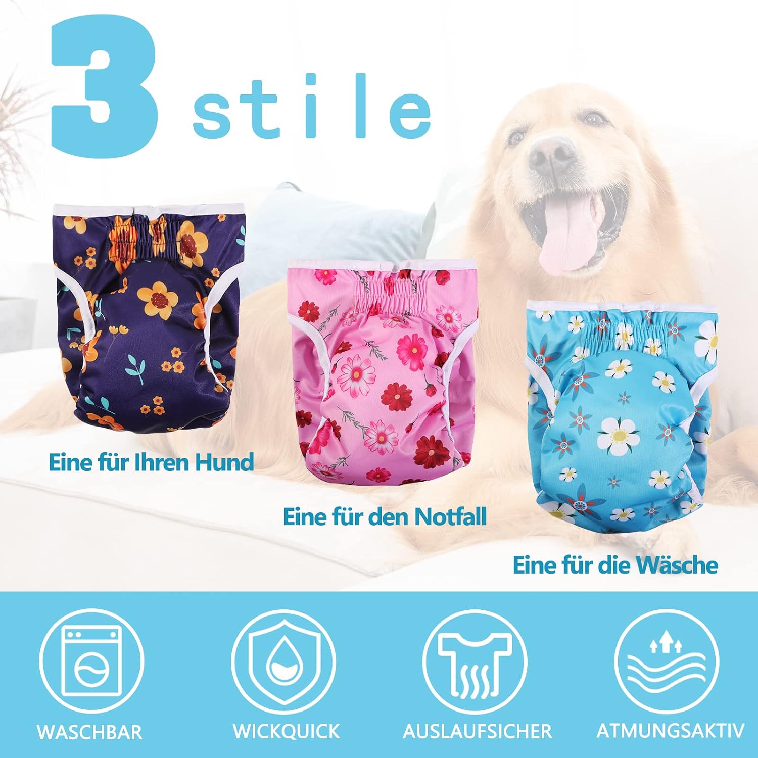 Detalle 2 de Demigreat Läufigkeitshose für Hündinnen 3 Stück S – Wiederverwendbare Hundewindeln mit verstellbarem Taillenschutz