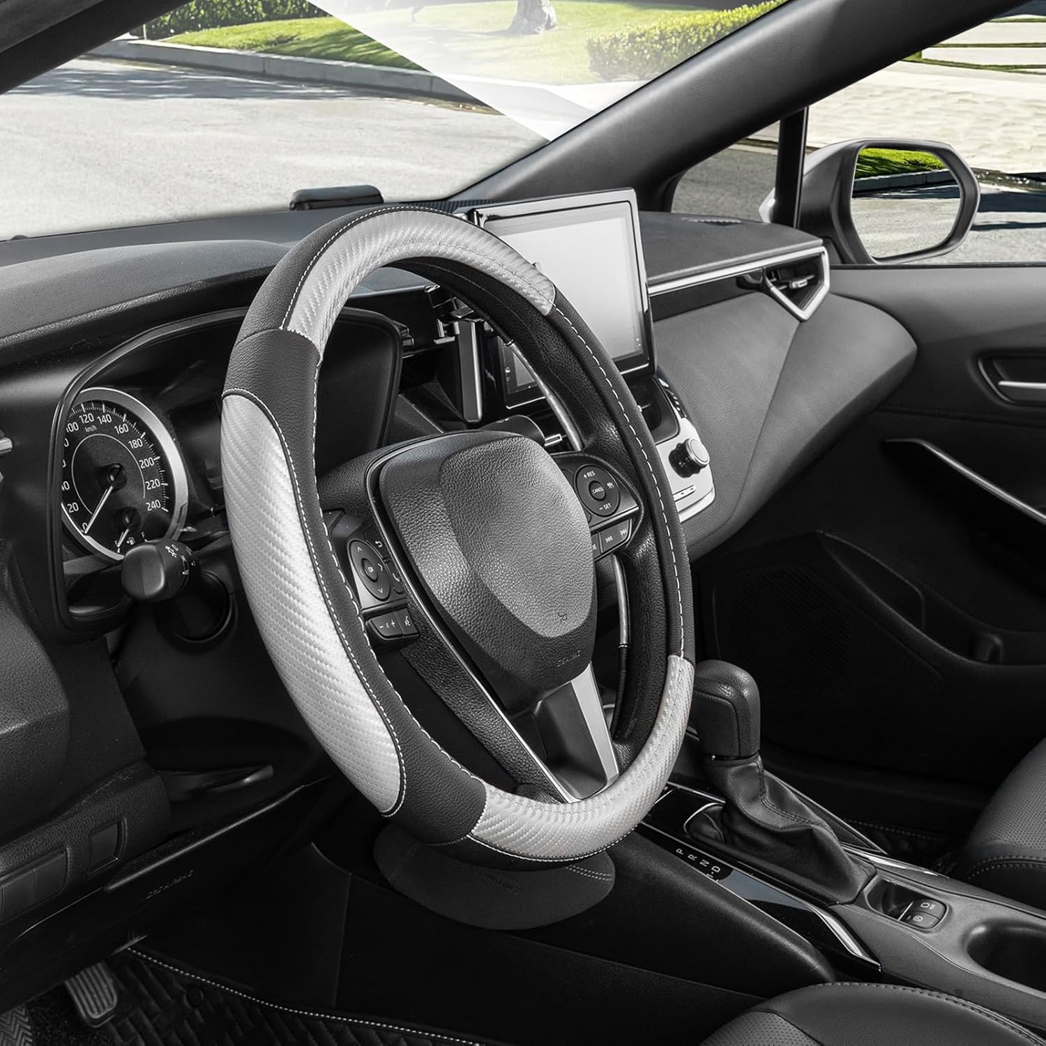 Thumbnail 6 de SEG Direct couvre-volant microfibre cuir noir et argent (35,5–36 cm) pour Prius, Civic, Model 3, Model Y et Camaro