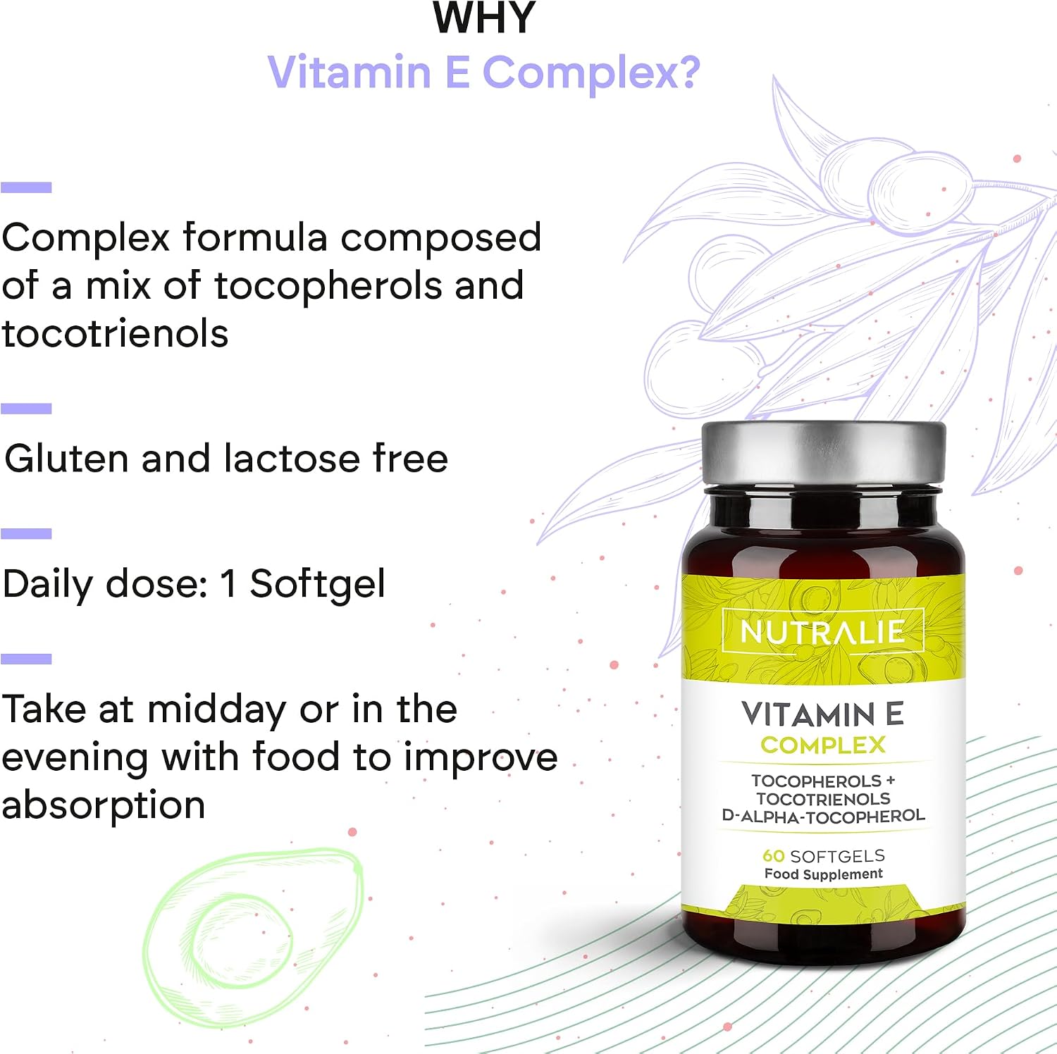 Detalle de Nutralie Vitamin E Complex Softgels with Tocotrienols and Tocopherols, 60