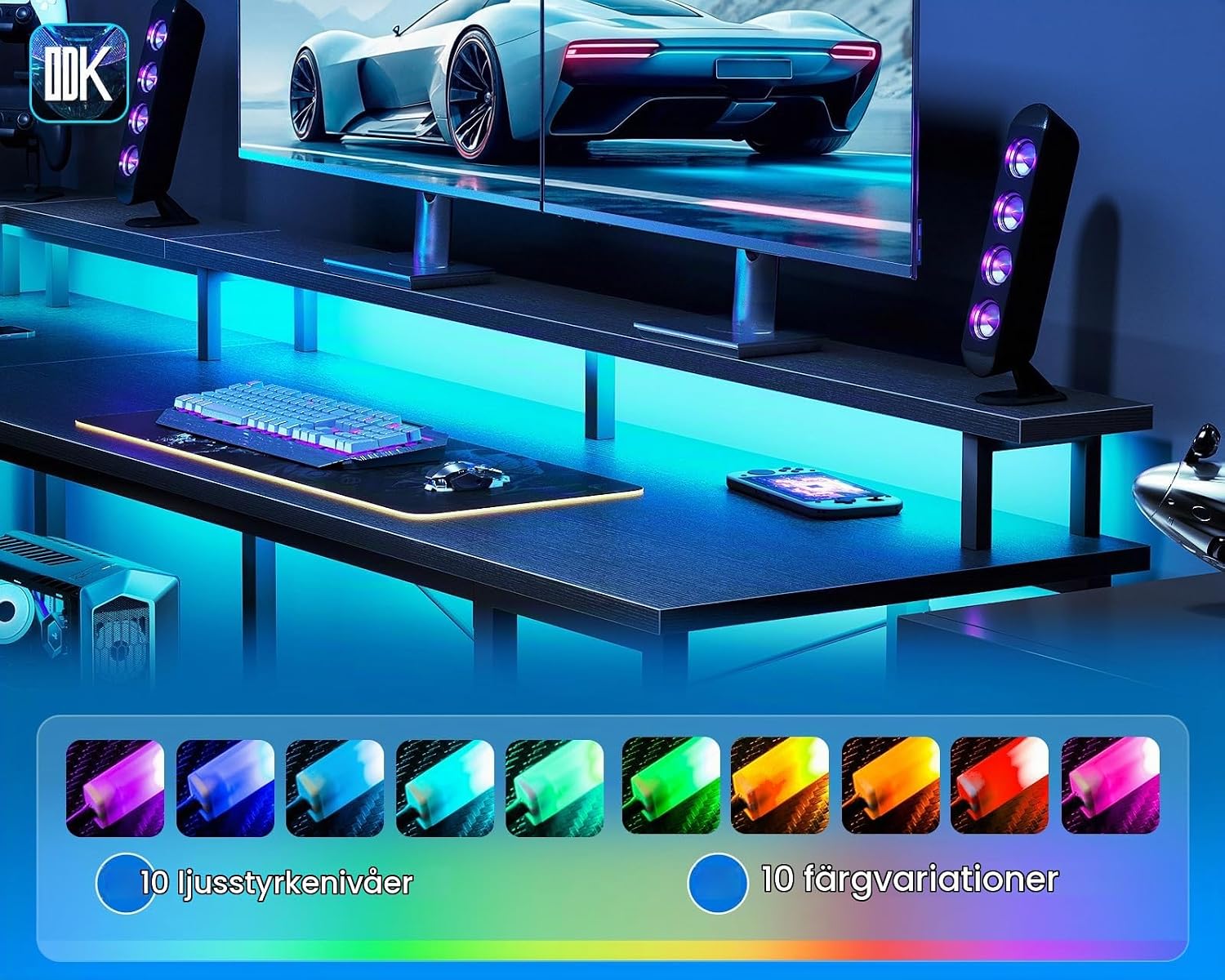 Detalle de ODK ZJZ-SBWJDDD-N L-format gamingbord 150 × 102 cm med LED och hyllor