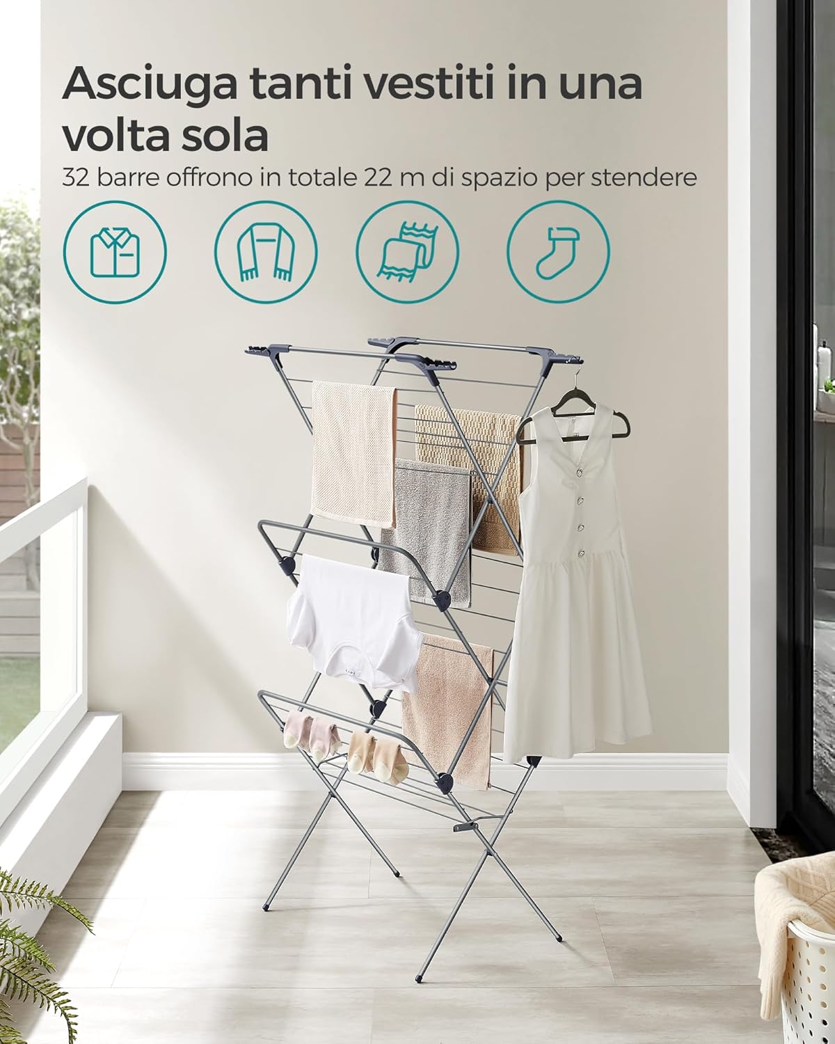 Thumbnail 2 de SONGMICS LLR720G01 stendibiancheria verticale a torre pieghevole, 46 x 70,5 x 155 cm, struttura in acciaio