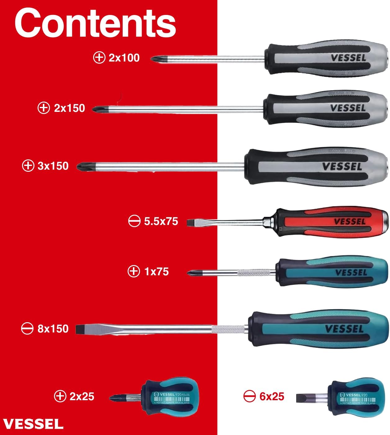 Thumbnail 2 de VESSEL MEGADORA Impacta 8-Piece Magnetic Screwdriver Set with JIS Tips