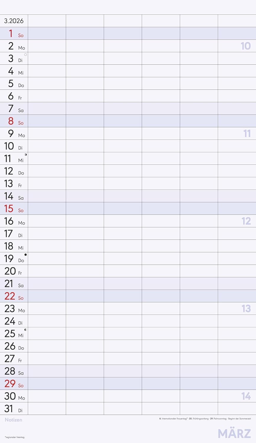 Detalle de Alpha Edition Superplaner XL 2026 mit 6 Spalten – Familienkalender 26×45 cm