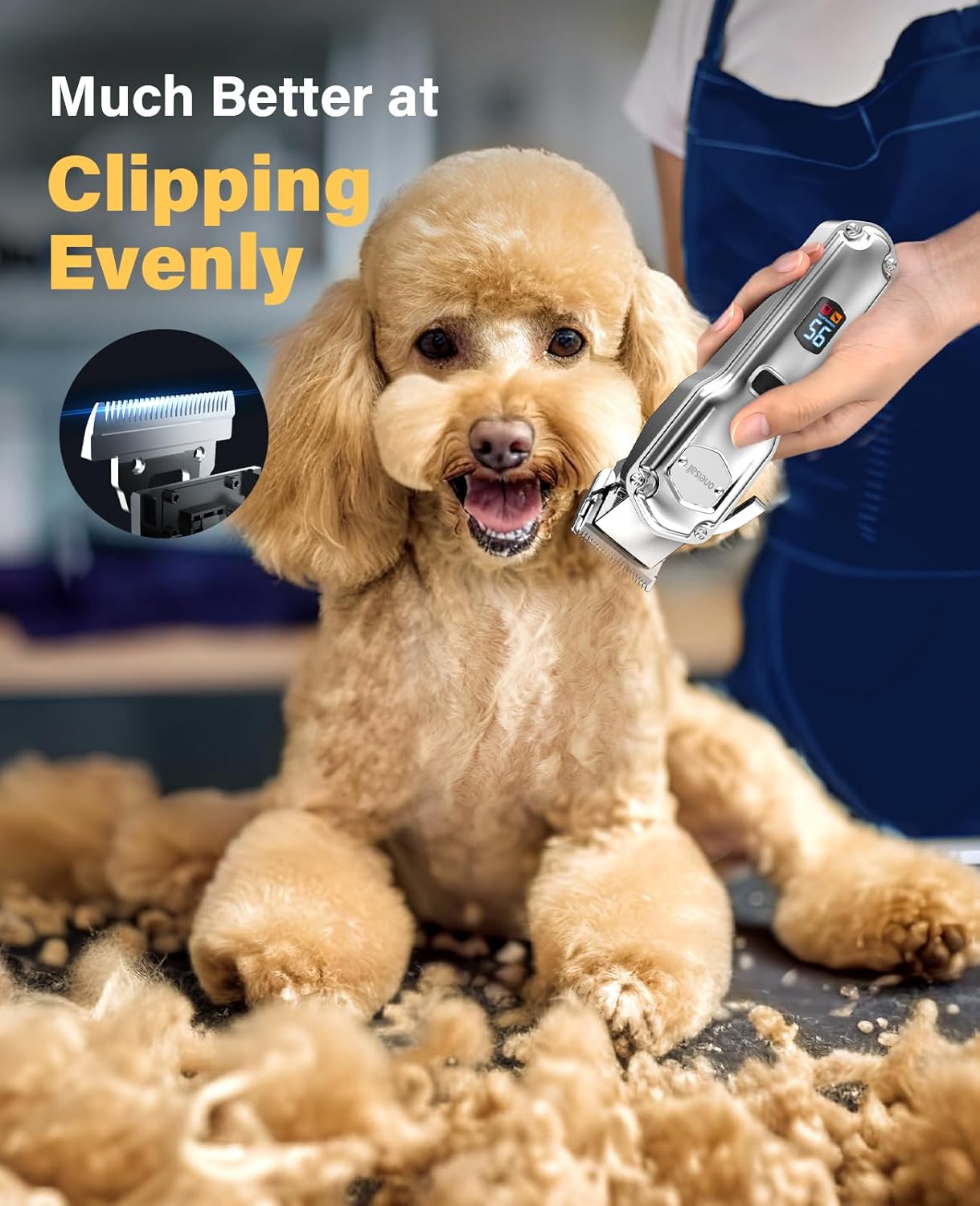 Detalle de Oneisall 3 in 1 Tosatrice per Cani: lame in acciaio, silenziosa e wireless per mantelli spessi