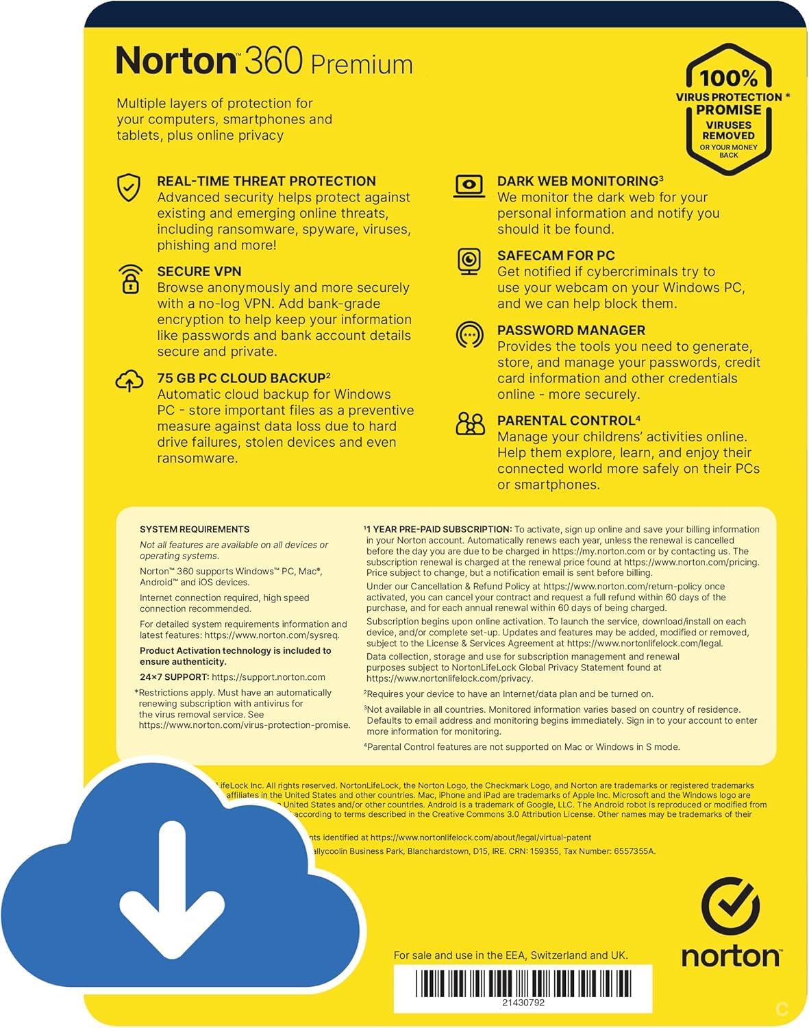 Detalle de Norton 360 Premium 2025 Antivirus Software (10 devices, 15-month subscription) with Secure VPN & Password Manager