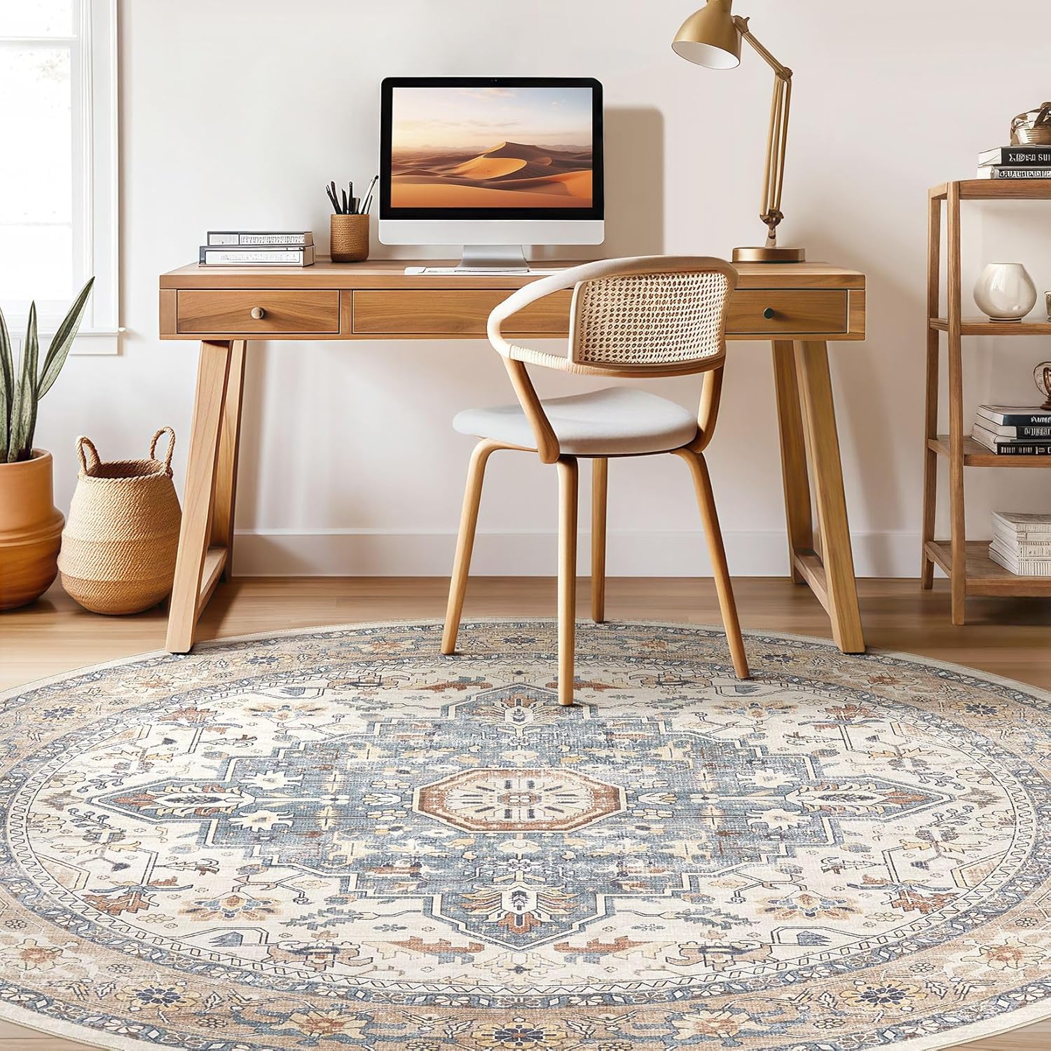 Thumbnail 6 de Round Rug Living Room Rugs: 6Ft Washable Boho Neutral Circle — 0.25" Pile with Rubber Backing