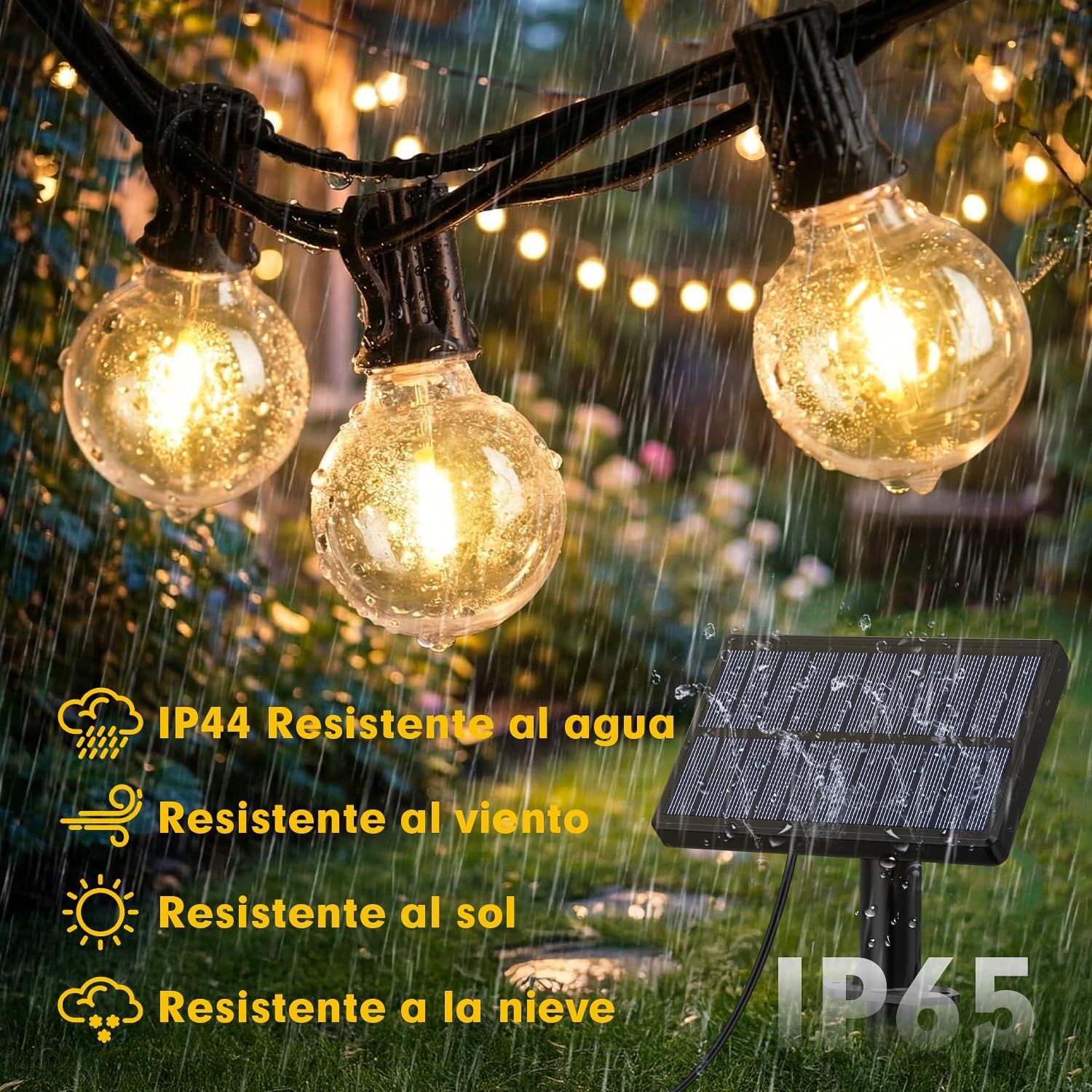 Detalle de Warlisou Guirnaldas Luces Exterior Jardin Solar - G40 14 m, 45.9 ft, 14 LEDs, IP44/IP65, Control Remoto y Carga Dual