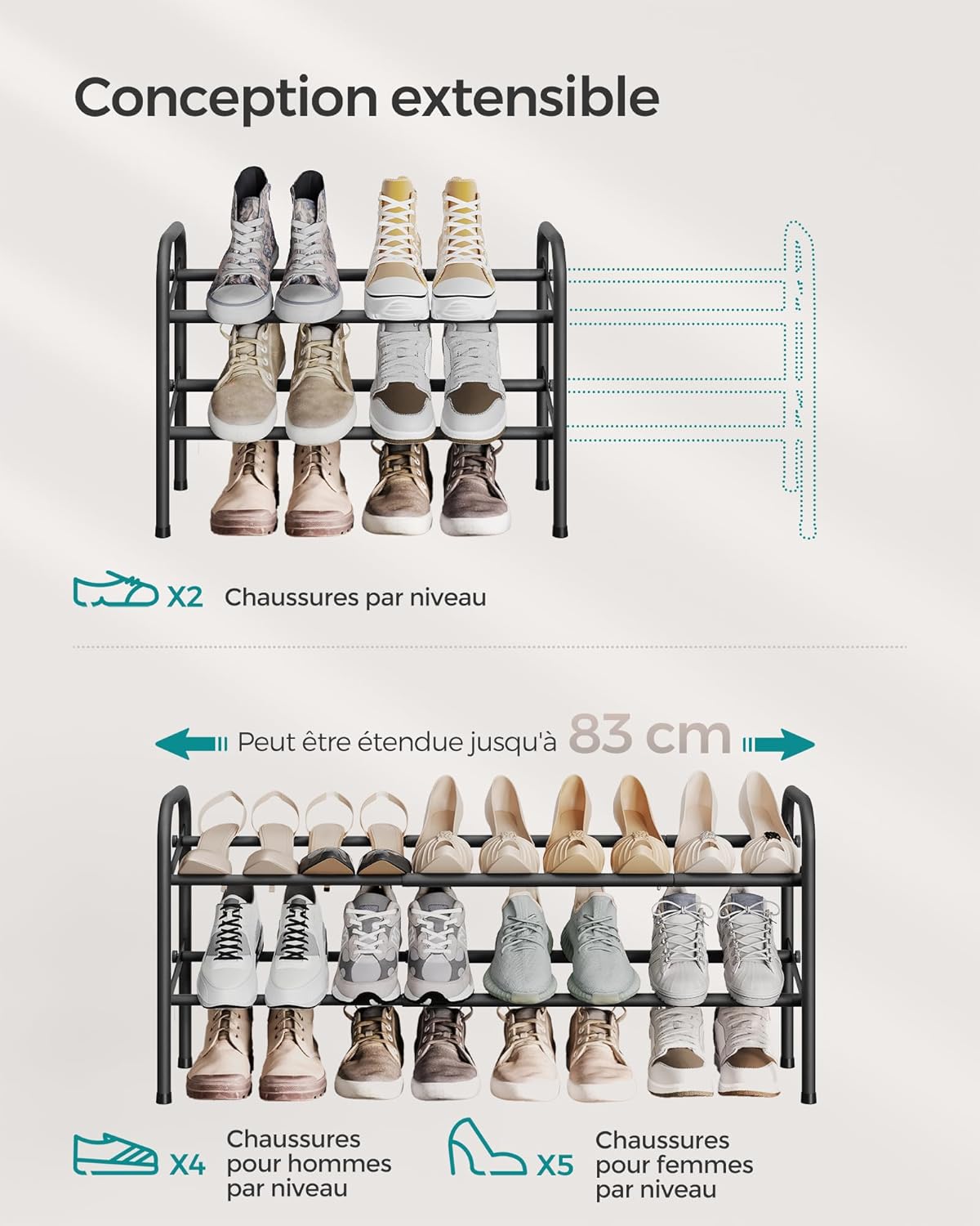 Thumbnail 2 de SONGMICS Étagère à Chaussures 2 Niveaux – Rangement Ajustable en Métal Noir, LMR029B01