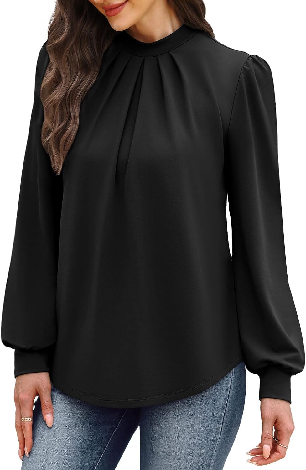 Thumbnail 4 de WIHOLL Long Sleeve Mock Neck Blouse with Pleated Front for Women