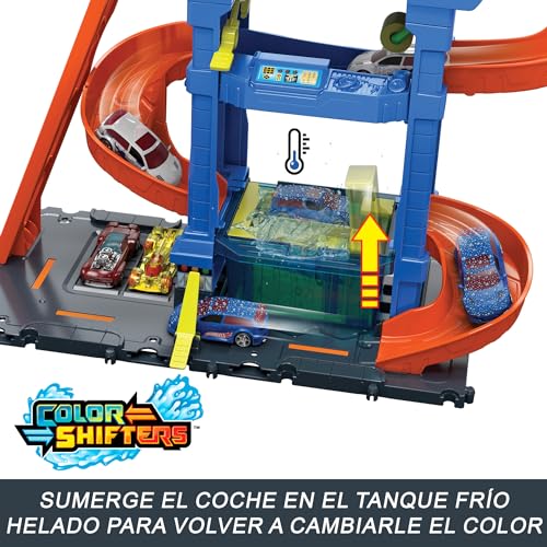 Detalle de Hot Wheels City «Let's Race - ¡a correr!», Túnel de lavado en espiral con Color Shifter y 1 vehículo