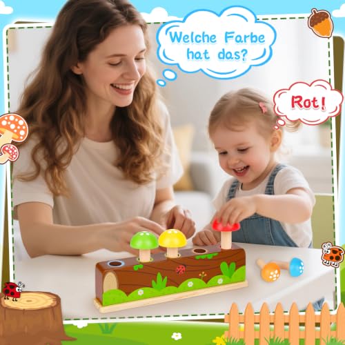 Detalle de Molleyzi Montessori Pop Up Holzspielzeug ab 12–18 Monaten – Motorikspielzeug mit 5 Pilzen