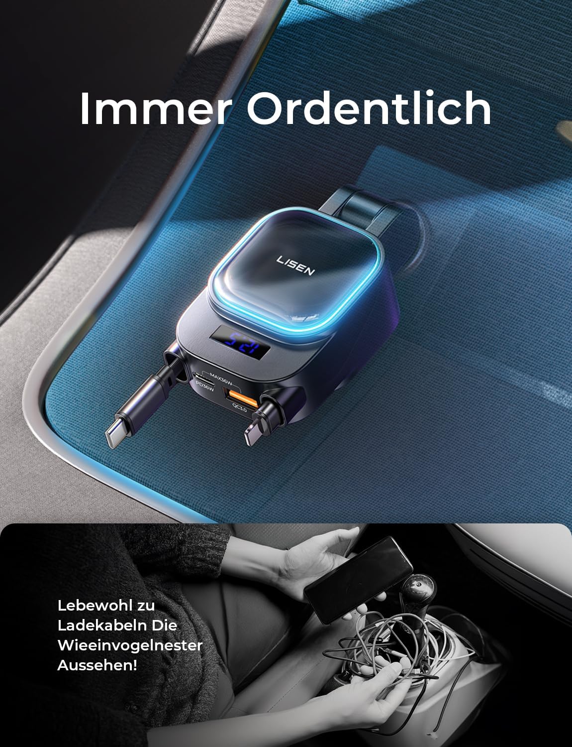 Thumbnail 4 de LISEN 96W Zigarettenanzünder USB C 4 in 1 Auto-Ladegerät – 12V/24V Schnellladen mit LCD-Spannungsanzeige