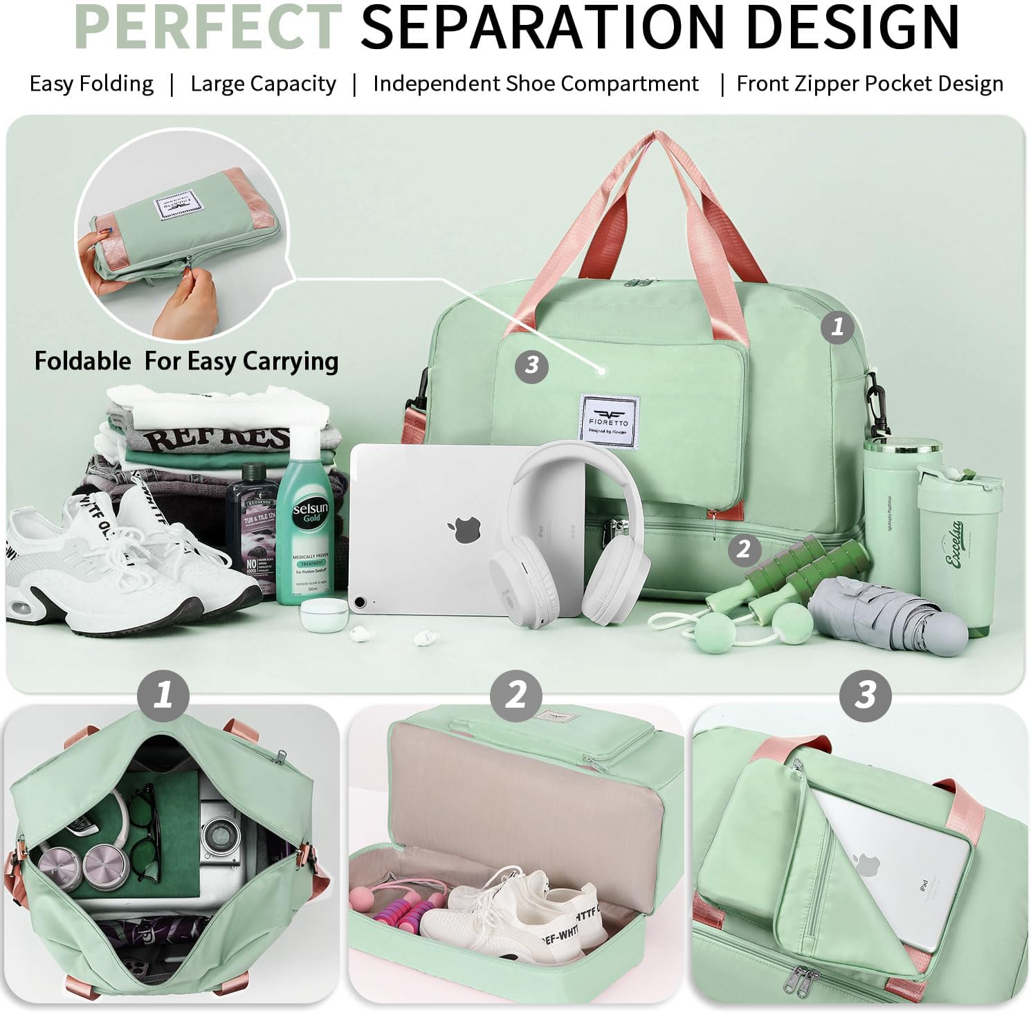 Thumbnail 4 de FIORETTO Womens Foldable Weekend Bag: Water-Resistant Duffle with Wet Pocket & Shoe Compartment