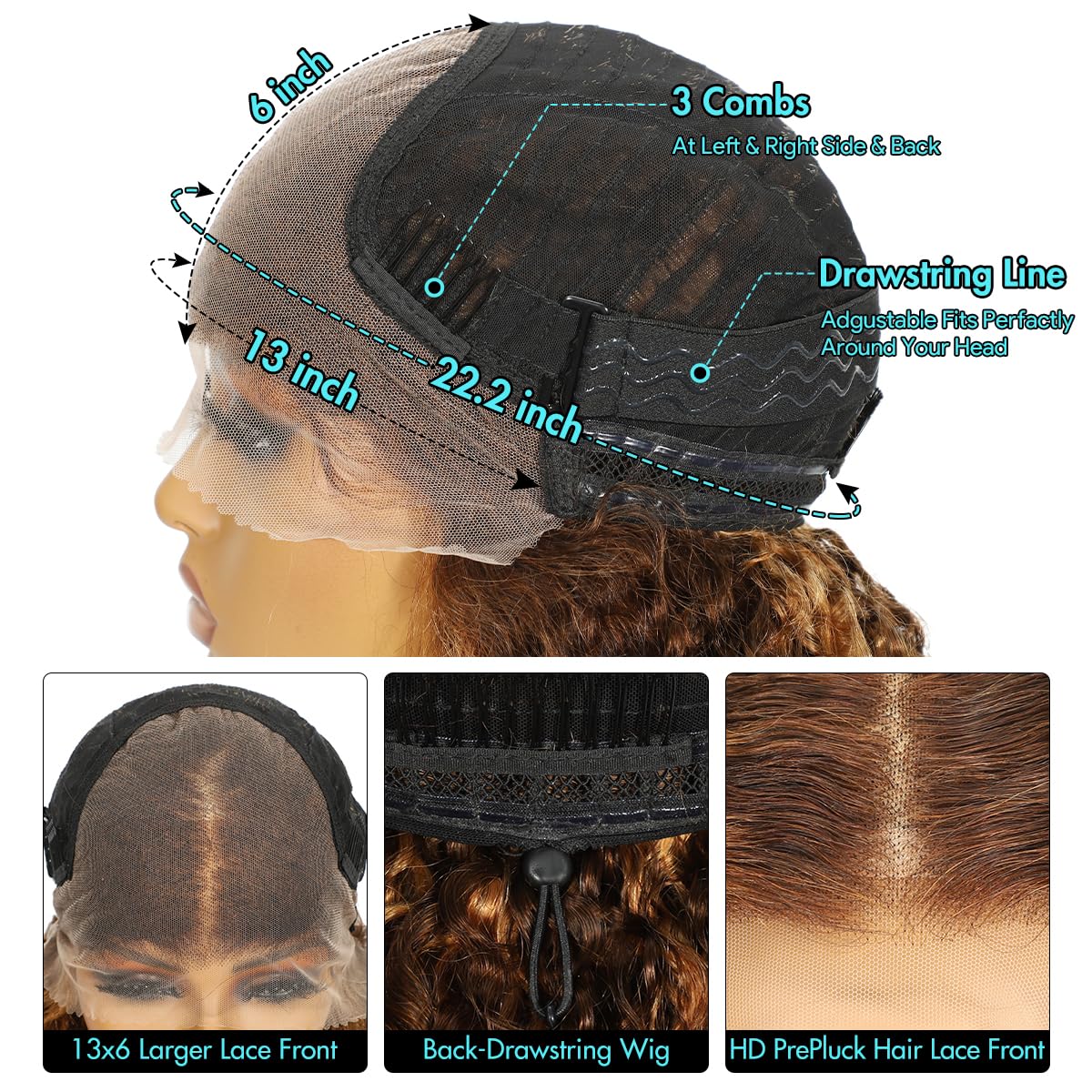 Detalle de Honey Blonde Drawstring Burmese Curly Wig: 22" 13x6 HD Lace Front, 250 Density, Virgin Human Hair
