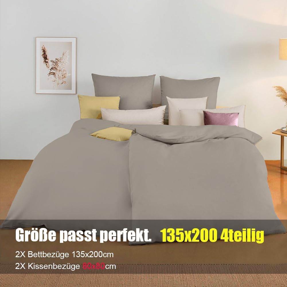 Thumbnail 6 de Soifox Bettwäsche 135x200 4-teilig Taupe/Natur – Mikrofaser, bügelfrei, mit Reißverschluss
