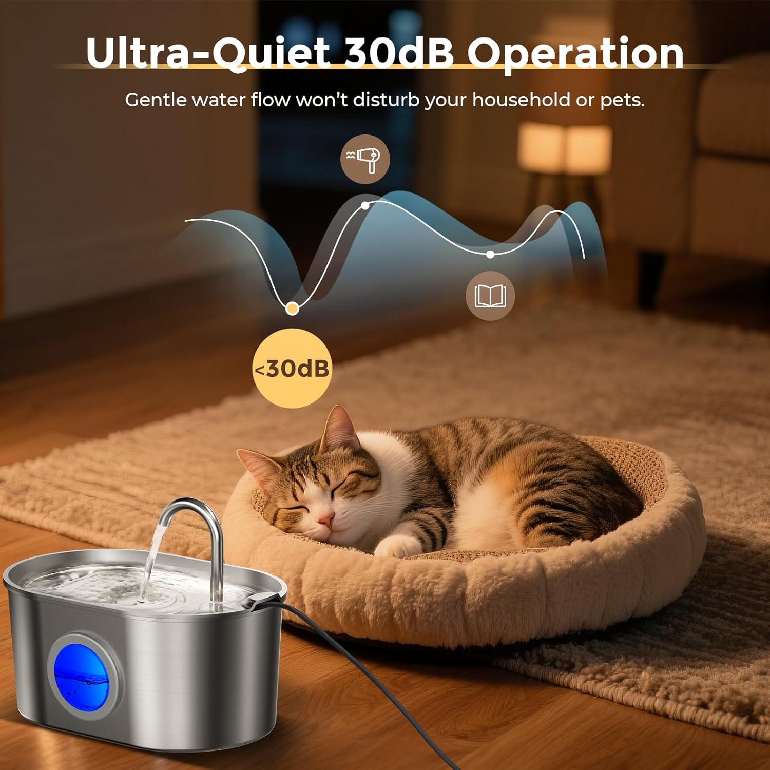 Thumbnail 5 de Invengo MeowFlow B30 2.2L stainless steel cat water fountain with visible water window