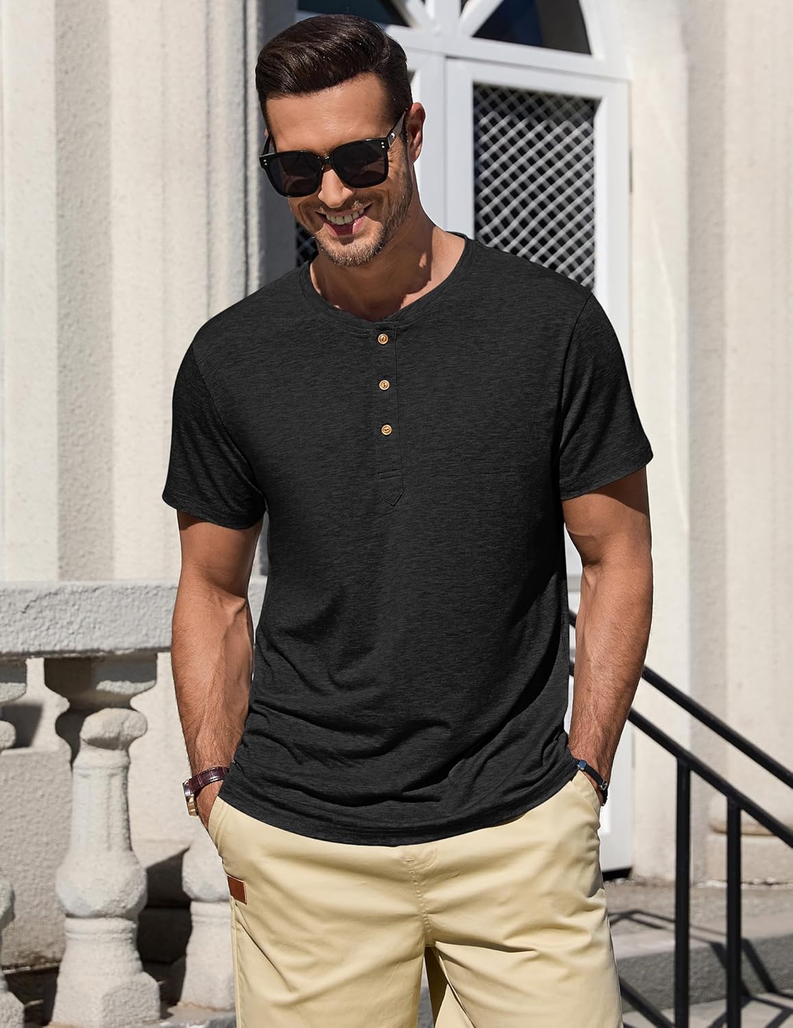 Thumbnail 1 de TARAINYA Henley Shirt Herren – Baumwolle, Kurzarm, 3-Knopf Henley, M–4XL
