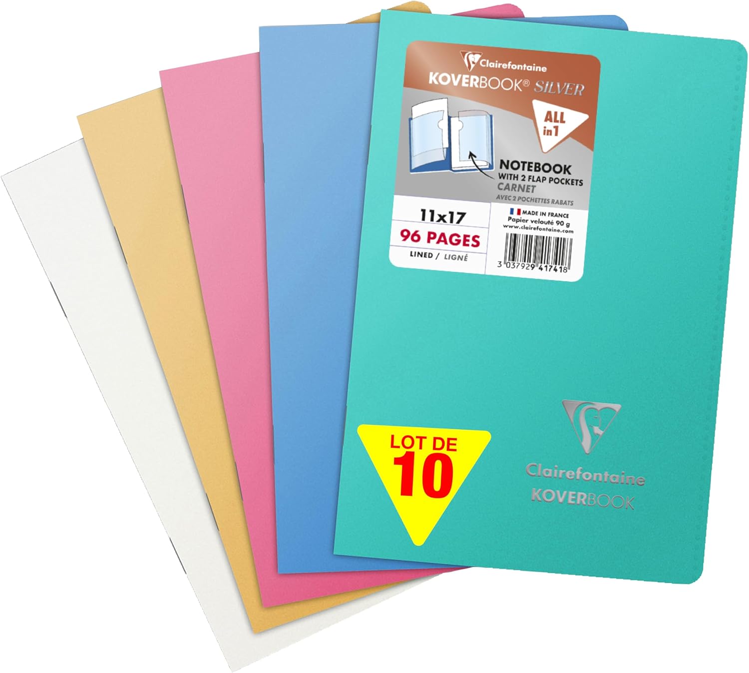 Detalle de Clairefontaine 941741C Lot de 10 Carnets Agrafés Koverbook Silver – 11x17 cm, 96 pages, blank/ ruled, couverture polyprop imperméable