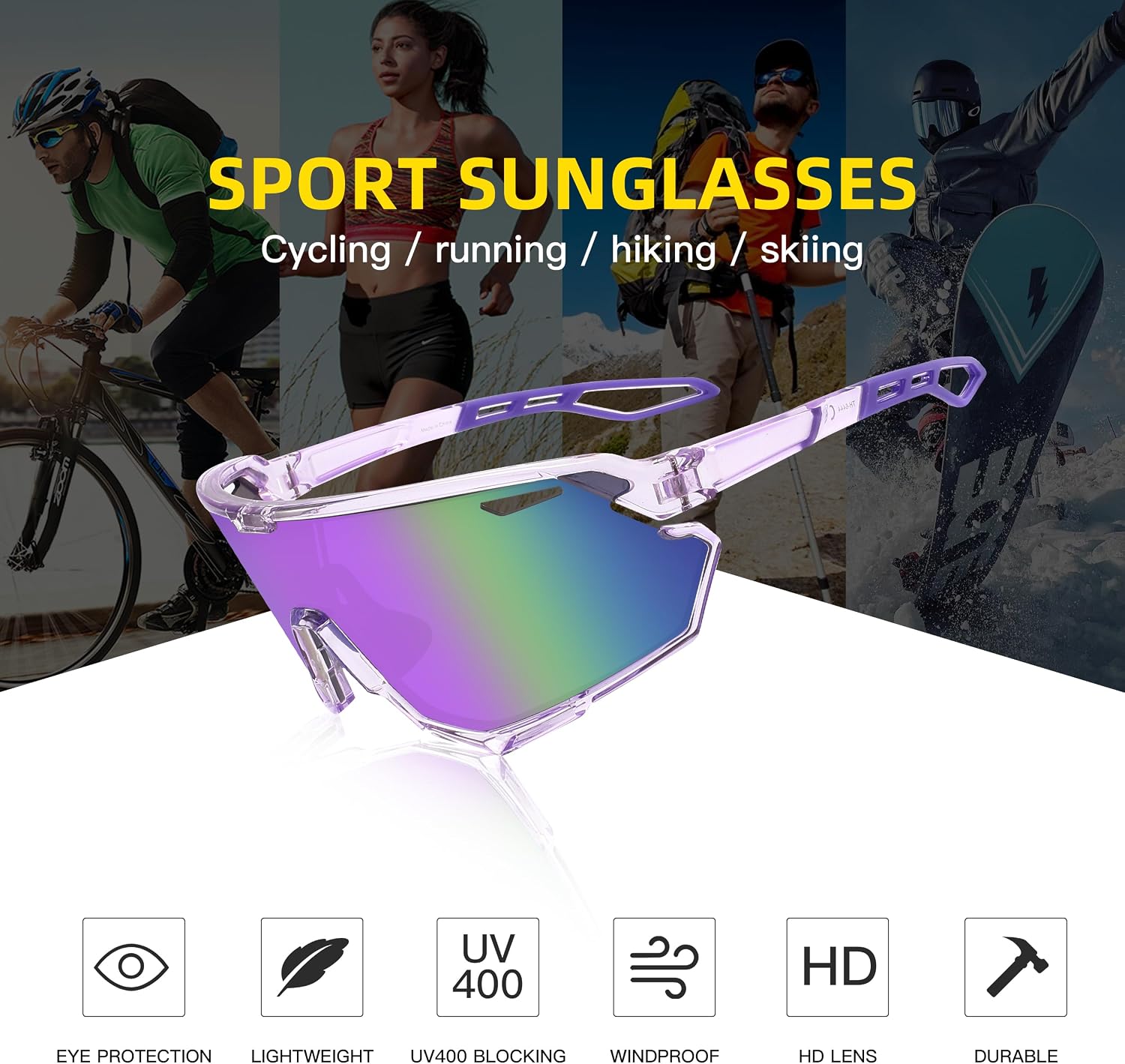 Detalle de SINSPORT Occhiali sportivi da uomo/donna: UV400, leggerezza e comfort per ciclismo, corsa, golf e oltre