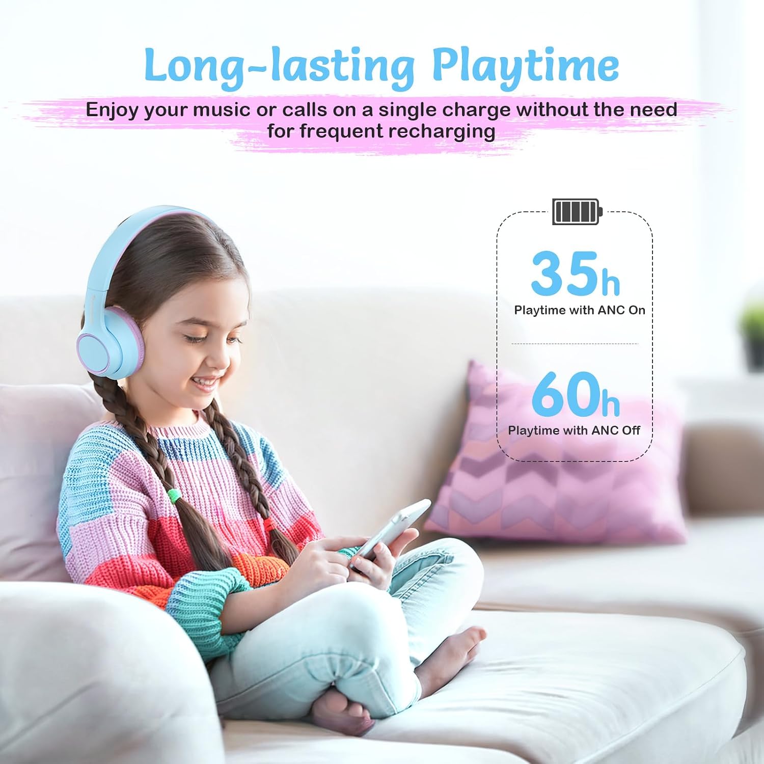 Thumbnail 6 de TONOSHARK Kids Wireless Noise Cancelling Headphones (Blue Purple) with Mic, Foldable Case