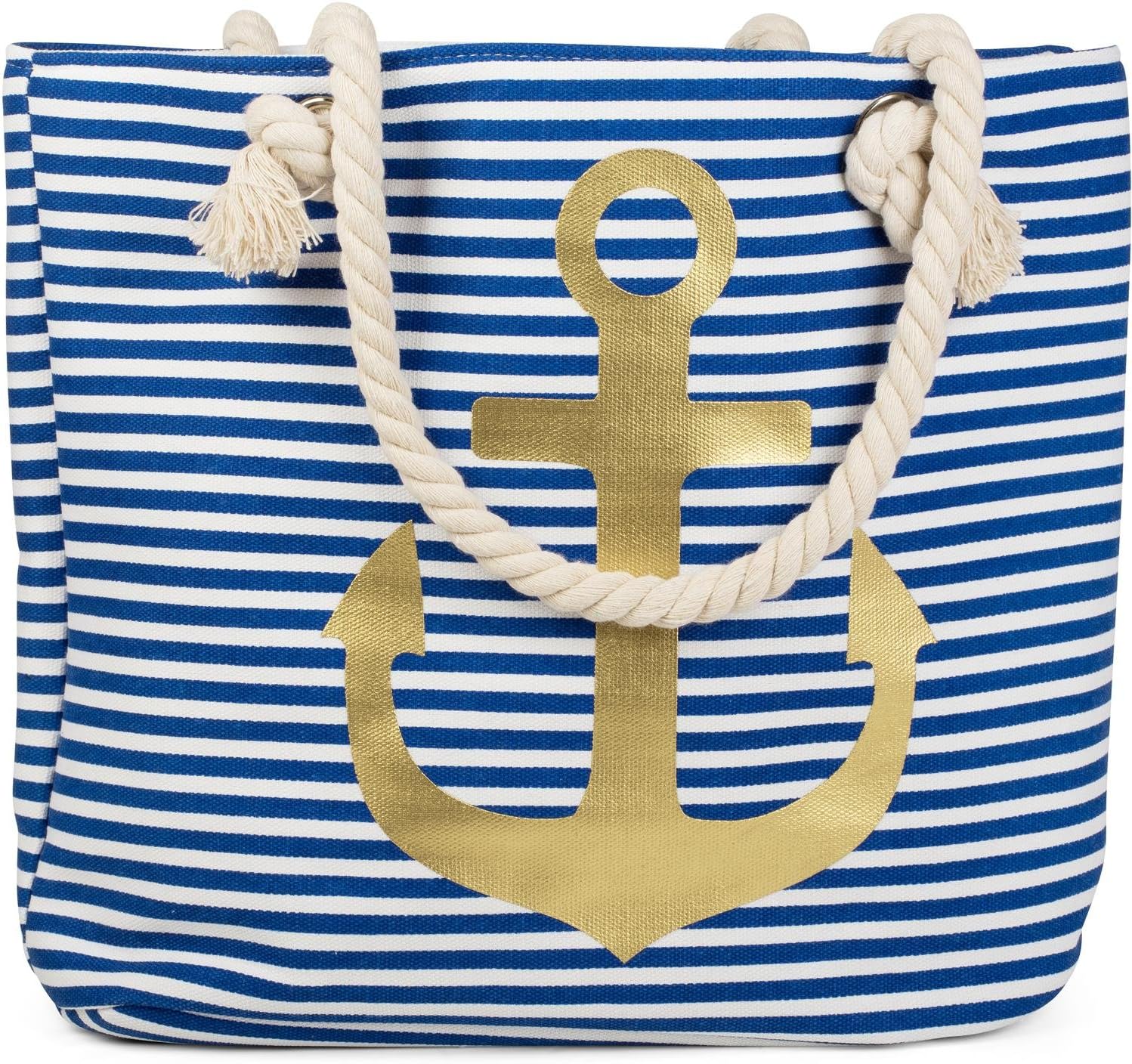 Detalle de StyleBREAKER borsone da spiaggia a righe con ancora – blu-bianco/oro, 46 x 34 x 12 cm