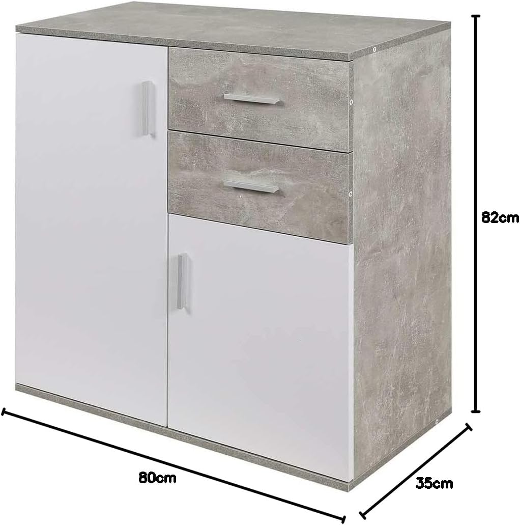 Thumbnail 1 de BAKAJI Mobile Madia con 2 Cassetti e 2 Ante, 82x35x80 cm – Design Moderno in MDF Bianco e Grigio Effetto Cemento