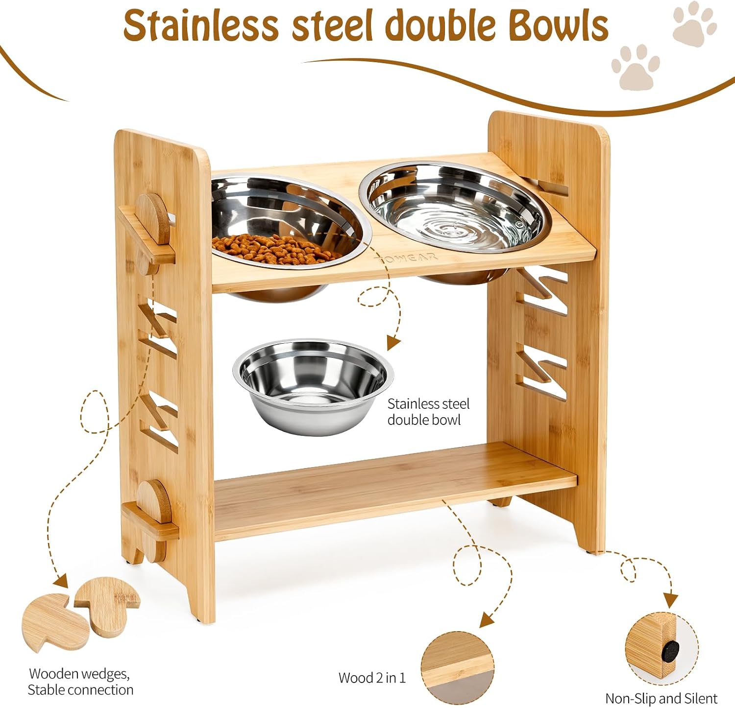 Detalle de Raised Dog Bowl: 6-Level Adjustable Bamboo Feeding Station with 2 Stainless Steel Bowls