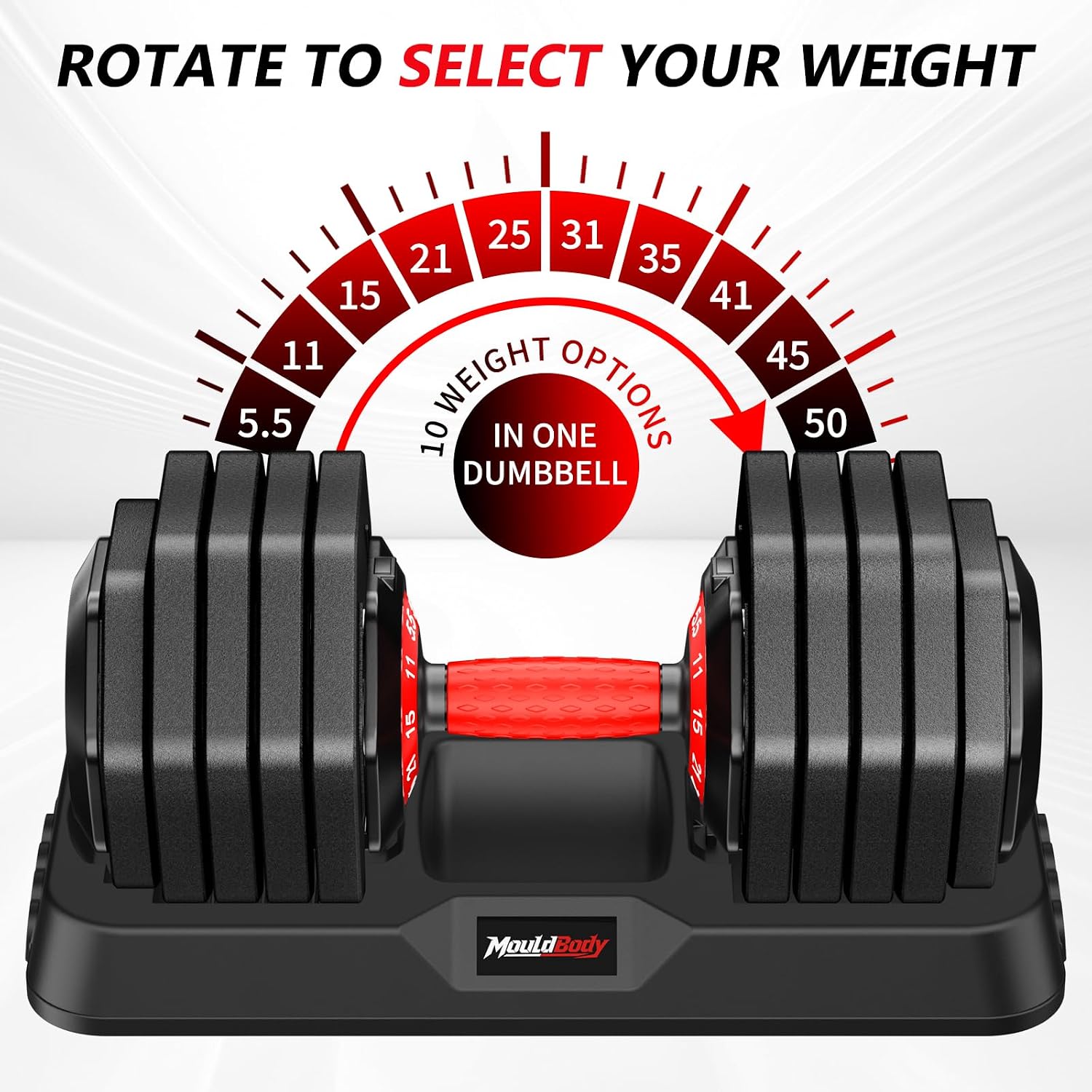 Detalle de MouldBody 1 Adjustable Dumbbell Set, 10-in-1, 50 lb Pair with Storage Base